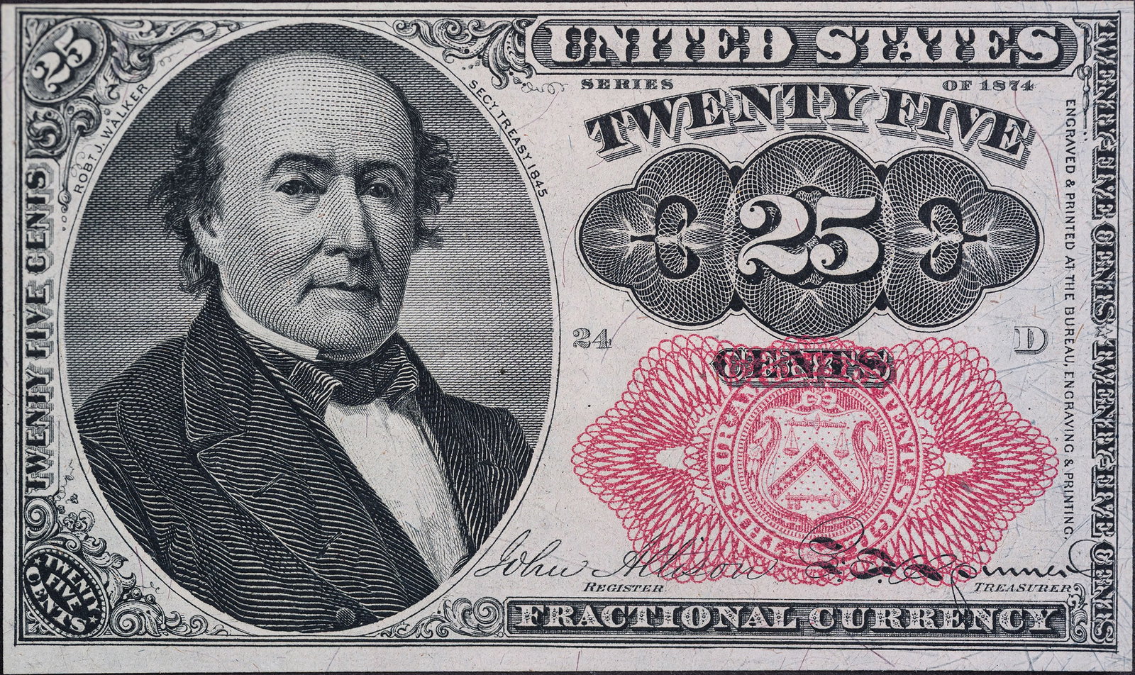 Unc Series 1874 25-Cents Fractional Currency: Fr-1309. Crisp, bright, fresh, and nicely centered. Near-Gem quality.