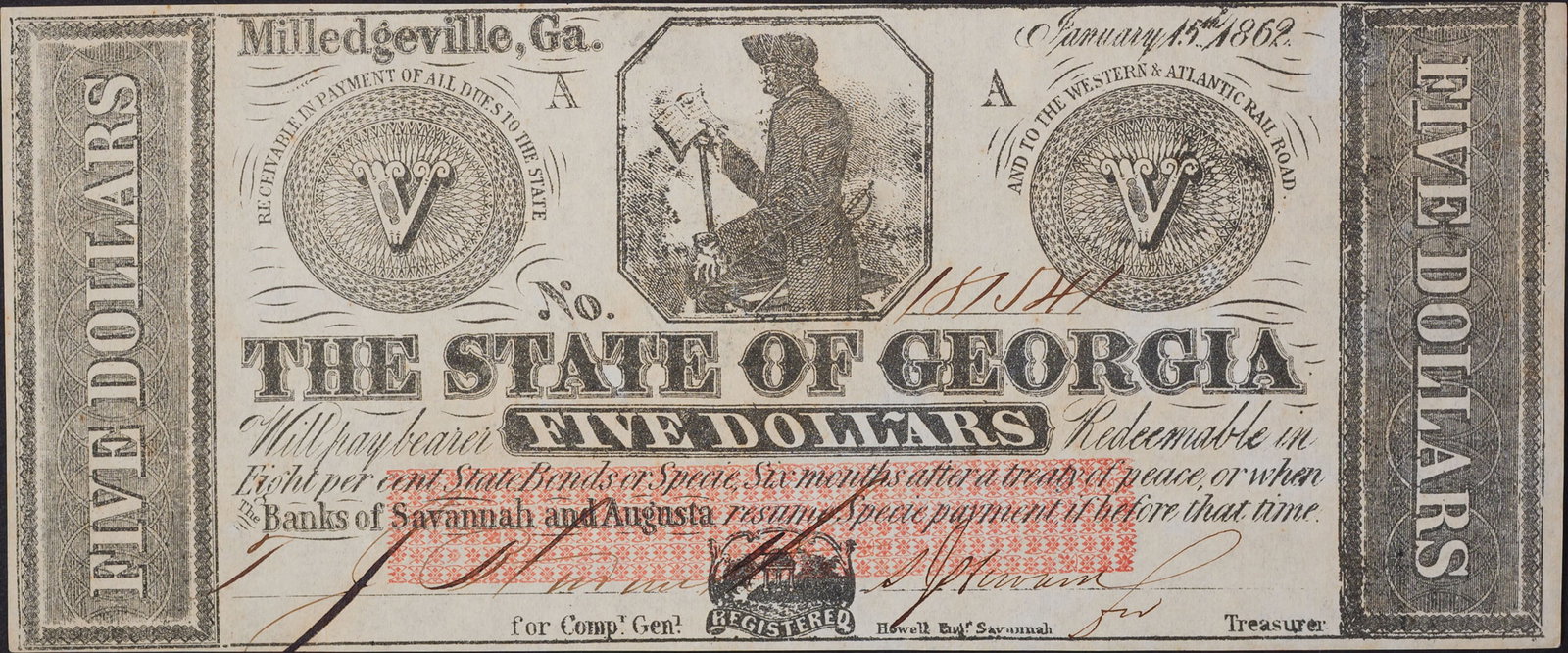 Georgia. Milledgeville. AU $5 Variety Rarity: January, 1862. The extremely elusive variety with the red counter low across the signatures, rather than centered as on 95% or more of the known $5 notes from this prolific issuer. Perhaps only the