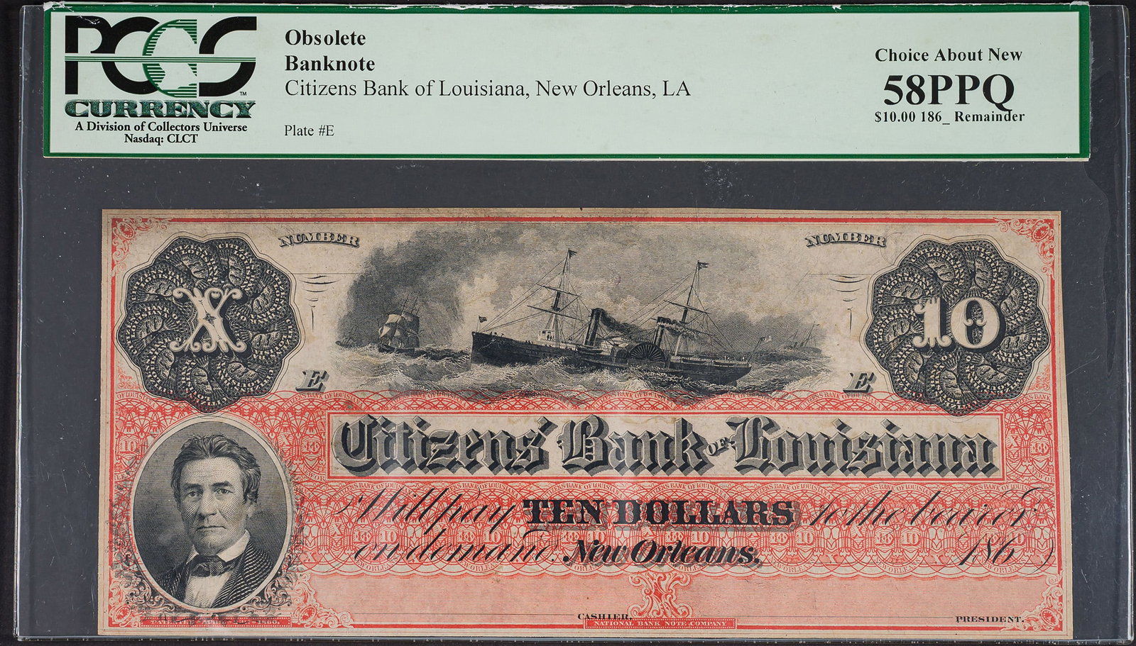 Louisiana. PCGS-58 Citizens Bank 1860's $10: New Orleans. Unissued remainder and nice for the grade. A colorful and scarce issue.