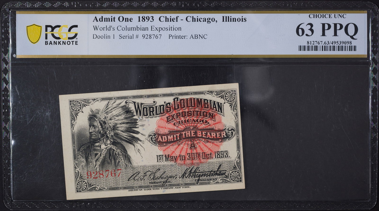 PCGS Choice-63 PPQ Columbian Expo Ticket (1 of 2)