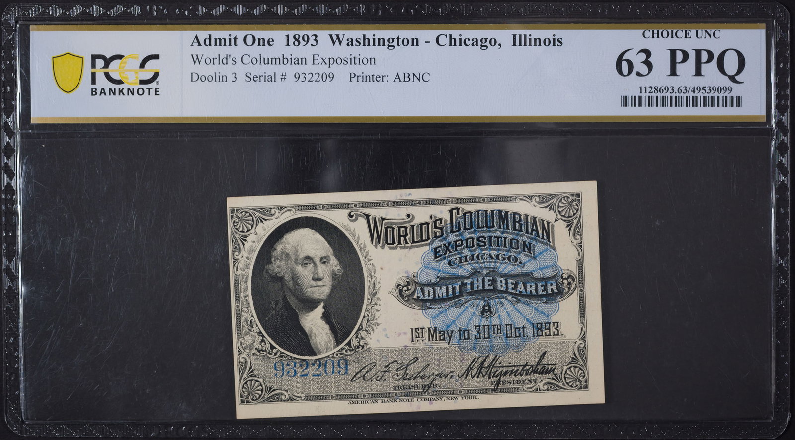 PCGS Choice-63 PPQ Columbian Expo Ticket (1 of 2)