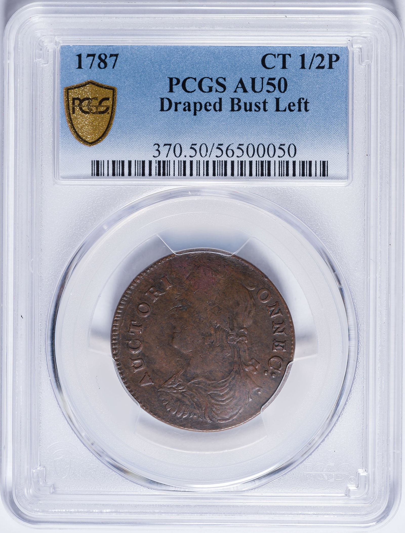 Connecticut. PCGS AU-50 Cent: Draped Bust left. Chocolate brown. This variety had a die bulge which caused the date to be completely missing.