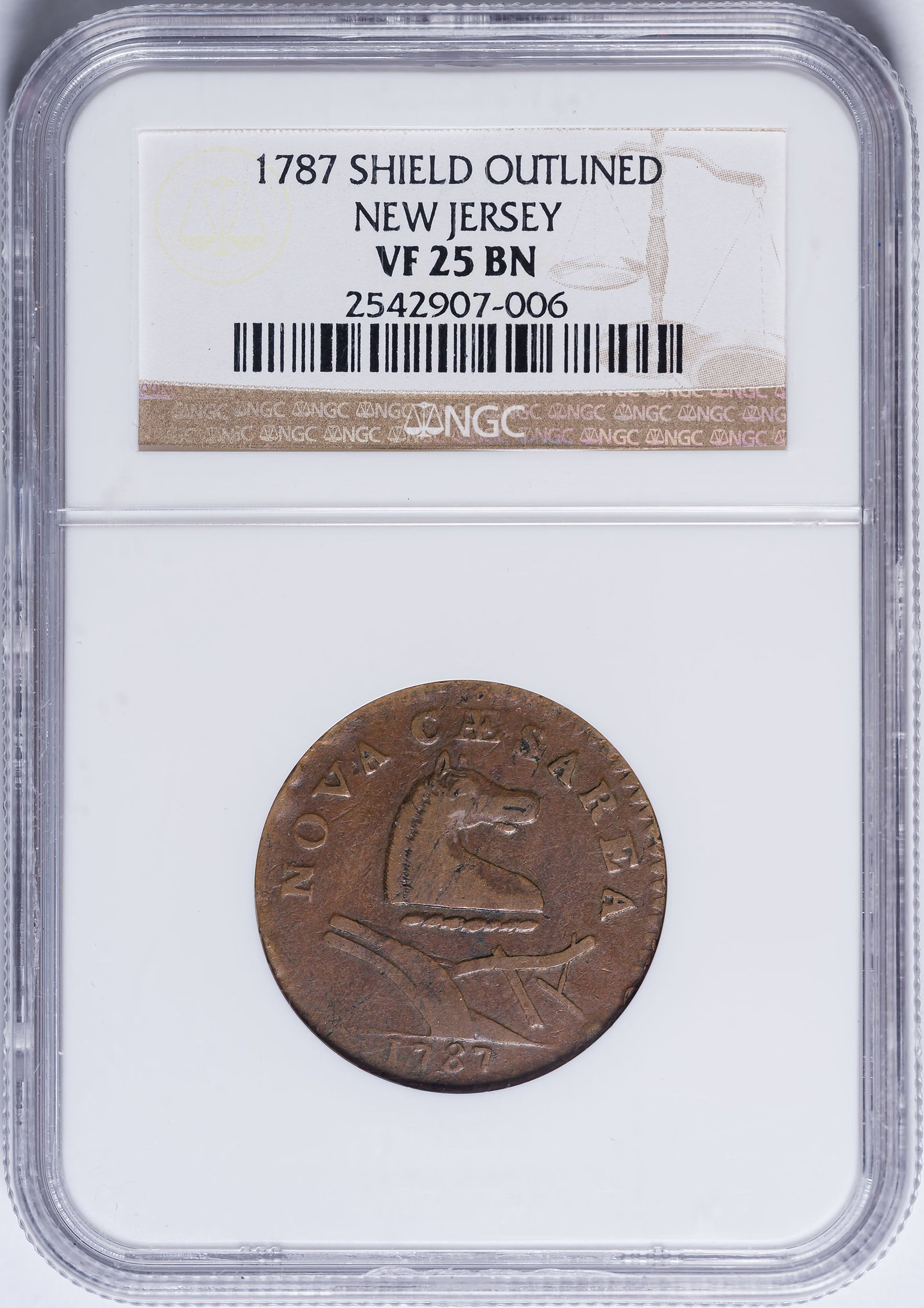 New Jersey. NGC VF-25 1787 Copper: Maris.48-g. Rarity-2. Attractive golden-tan with strong devices for the grade, and with no marks worthy of mention.