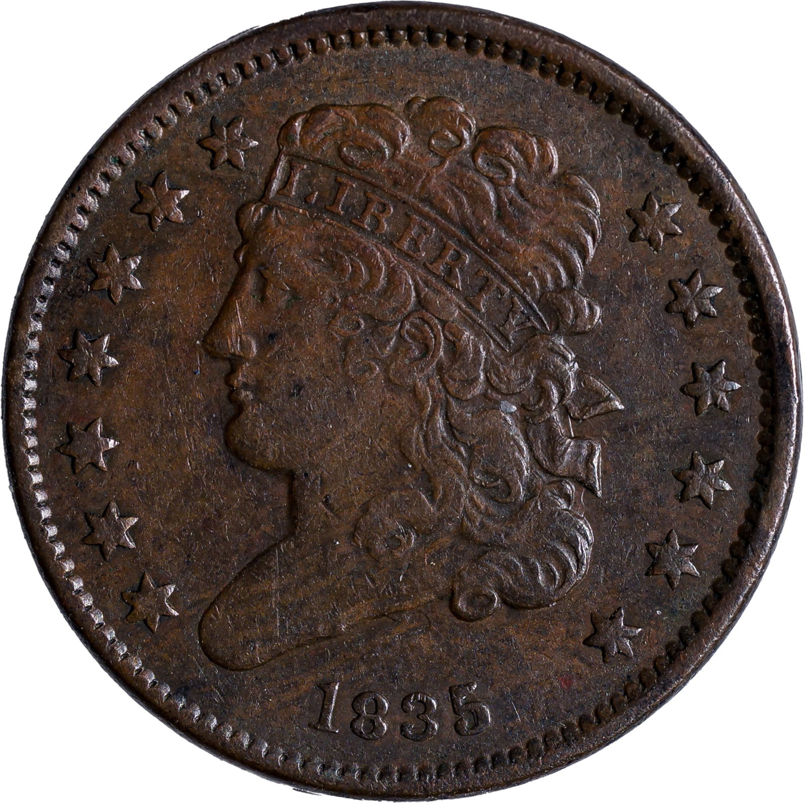 EF 1835 Half Cent: Shows golden-brown surfaces on the obverse with the reverse showing some darker areas.