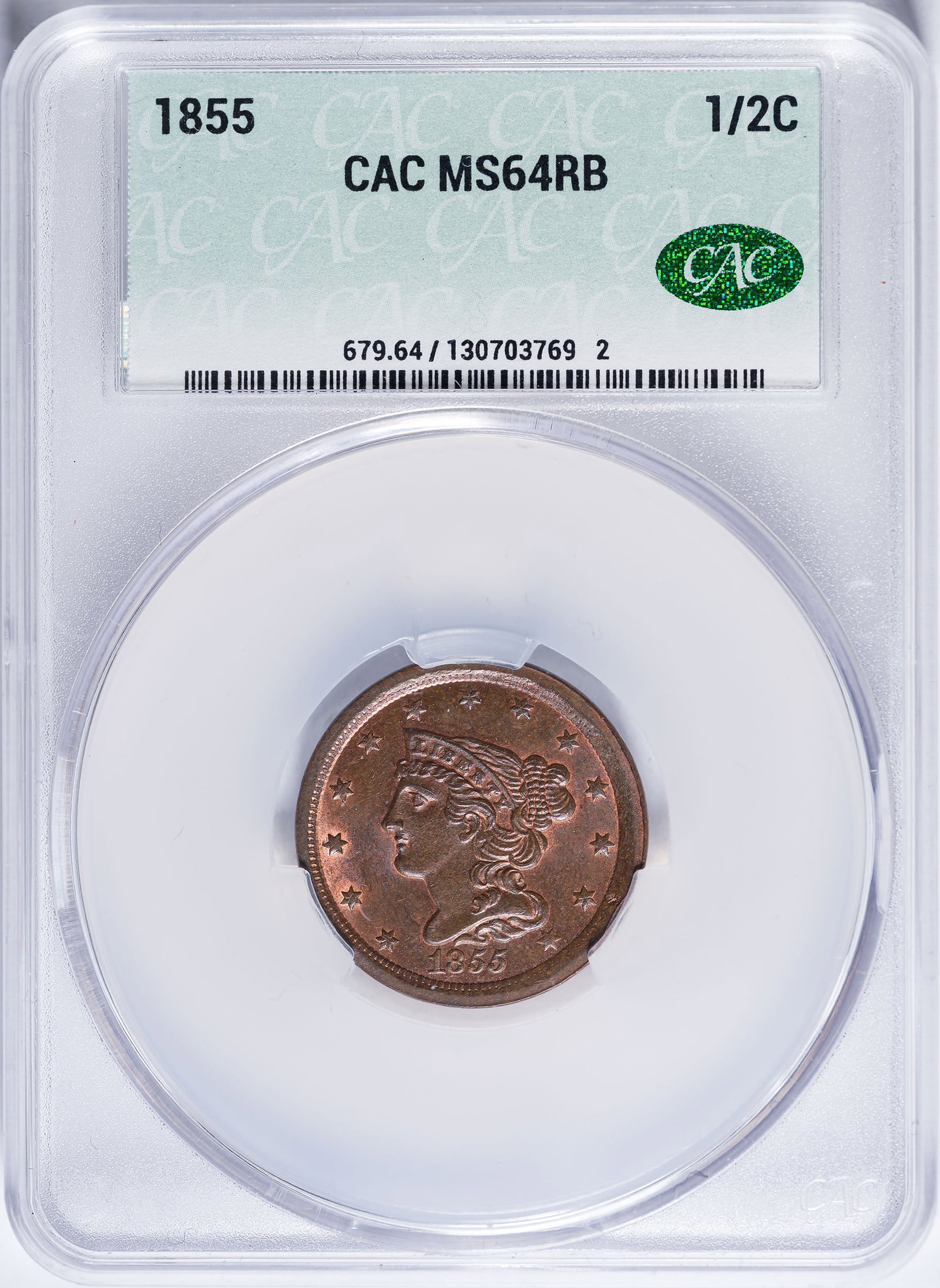 CACG MS-64 RB 1855 Half Cent: A lovely example that shows a nice mix of red and brown colors with more red than brown showing on the reverse.