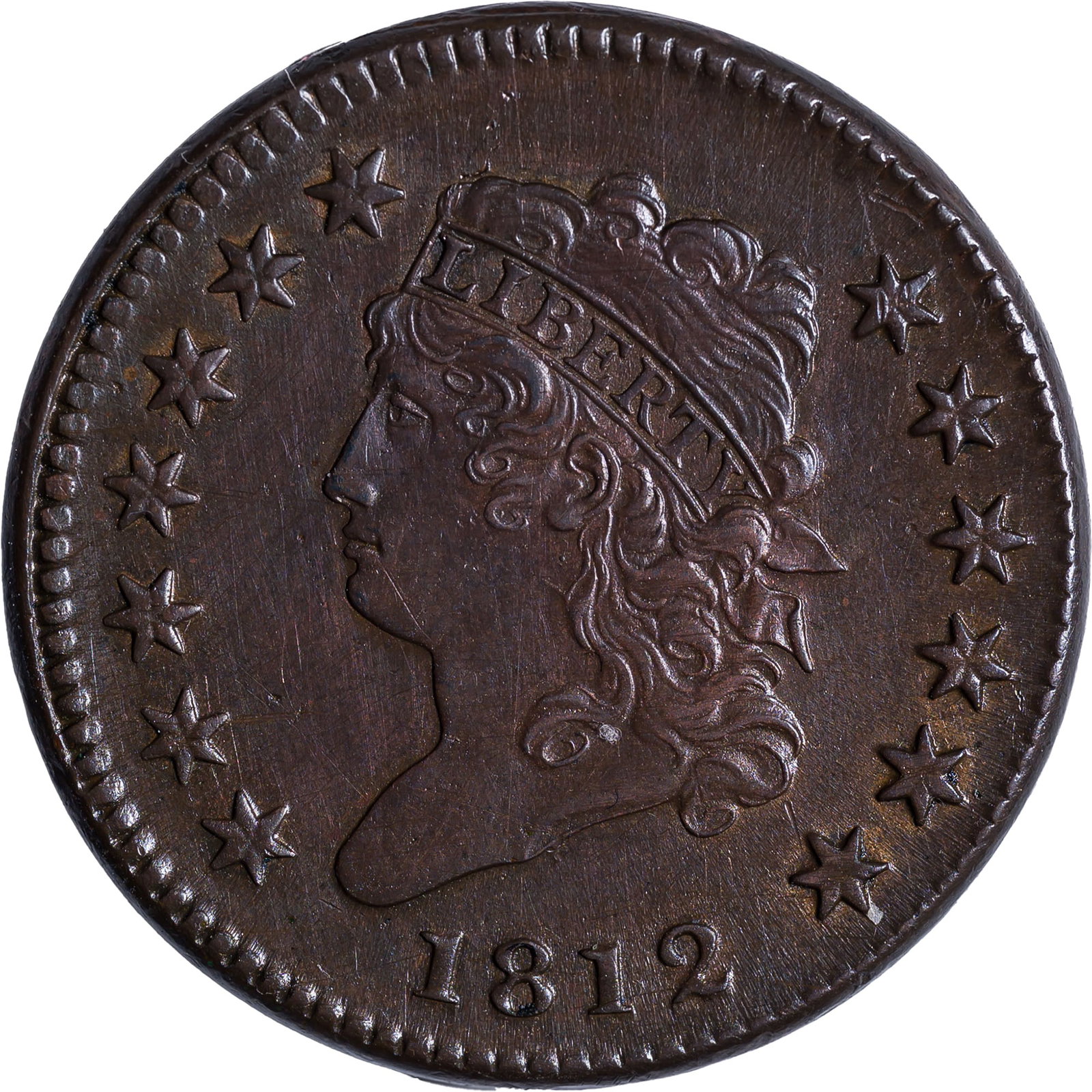 UNC Details 1812 Large Cent: A glossy and lustrous brown example that shows some faint hairlines. The centering is nearly perfect -- not always the case with this date -- and the surfaces are completely devoid of marks of consequ