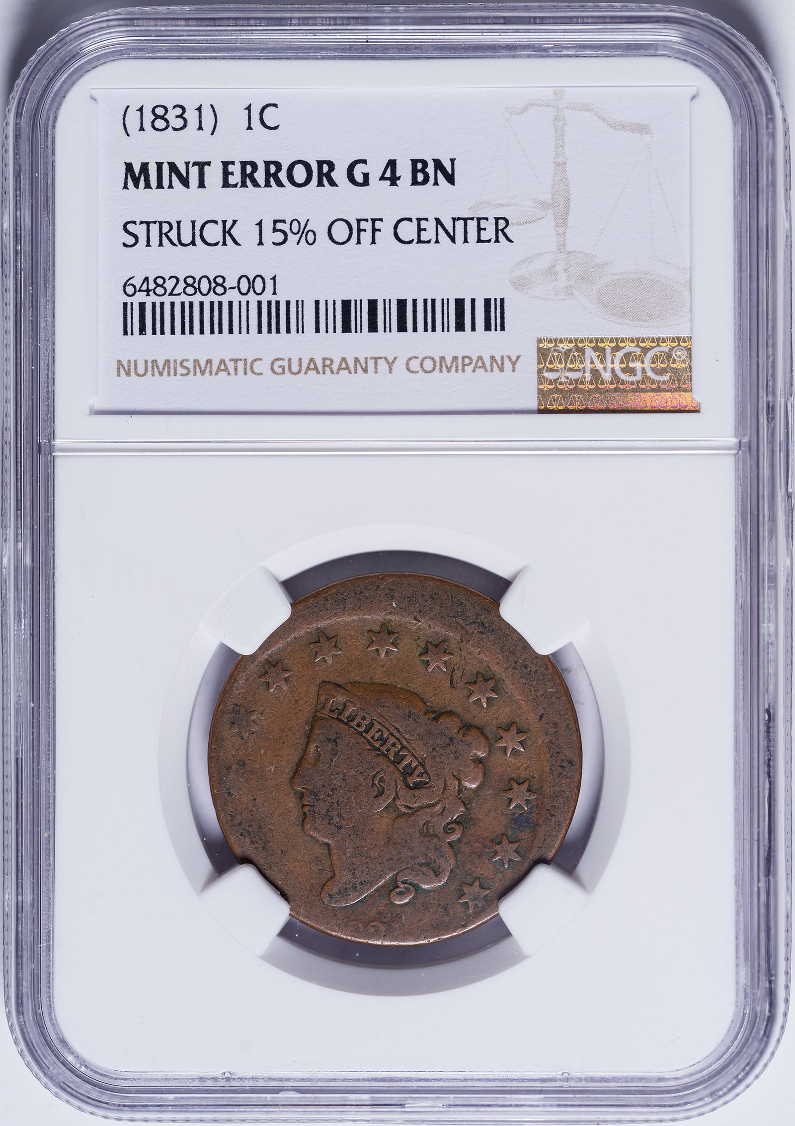 NGC G-4 1831 15% Off Center Large Cent: Nice light to medium brown surfaces. The top of the date can just barely be seen.