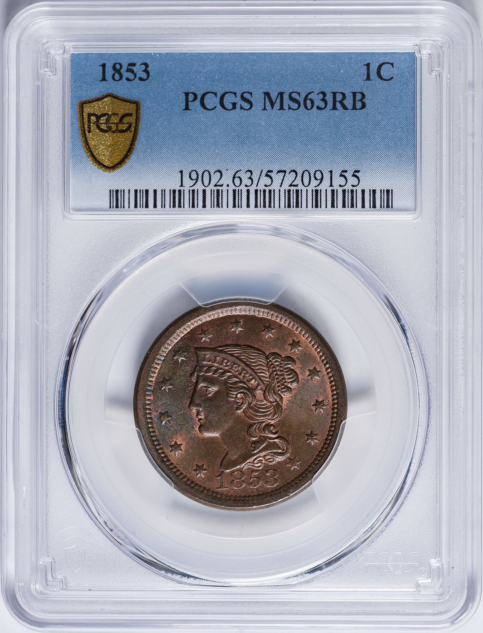 PCGS MS-63 RB 1853 Large Cent: A satiny and lustrous piece with far more red than brown in the mix. Undeniably choice, with a bold strike and excellent eye appeal.