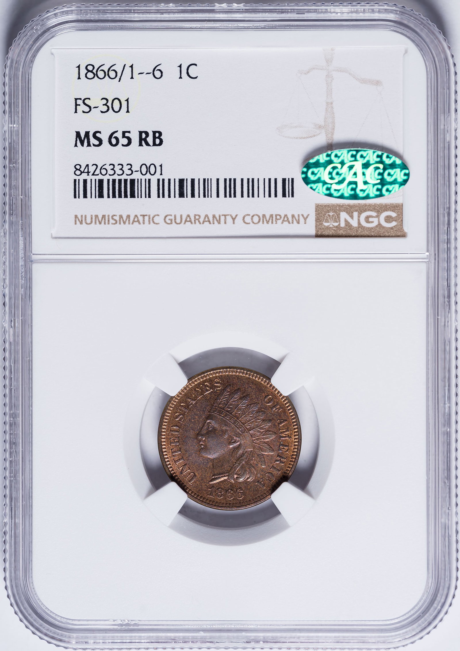 NGC MS-65 RB 1866 CAC Re-cut Date Indian Cent: FS-301. Frosty medium tan surfaces enjoy plenty of luster and a bold red underglow. Recutting plain at top of second 6 in date. Rare so fine.