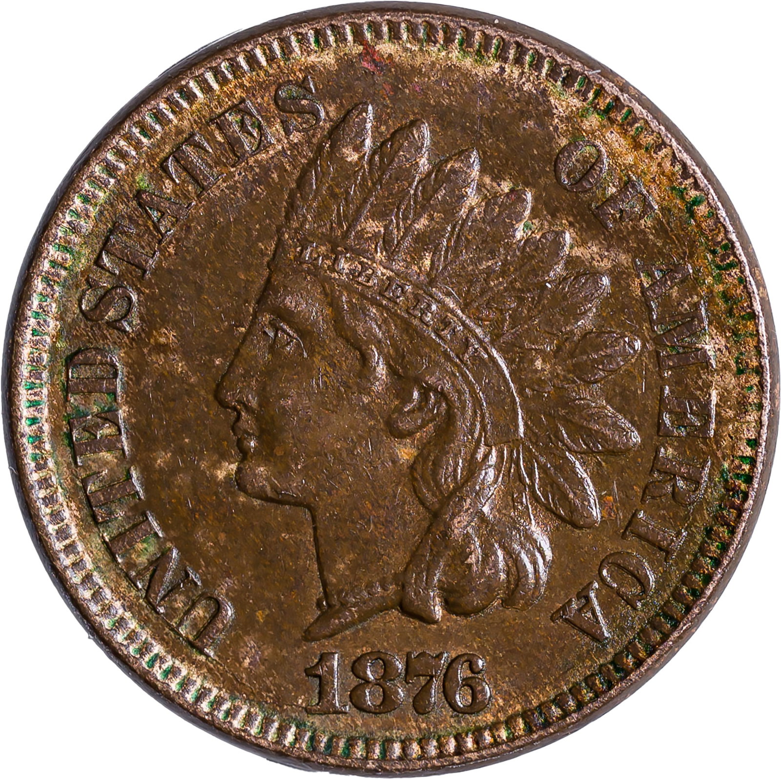 AU-58 1876 Indian Cent: Lustrous golden-brown with golden highlights throughout.