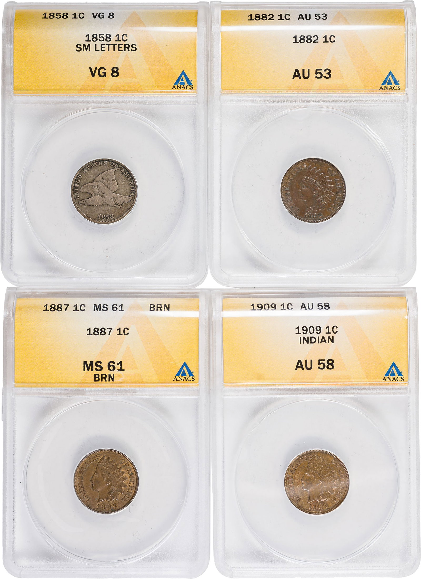 ANACS Flying Eagle and Indian Cent Quartet: Includes: 1858 Small Letters, VG-8; 1882 AU-53; 1887 MS-61 BN; and 1909 AU-58. (Total: 4 pieces)