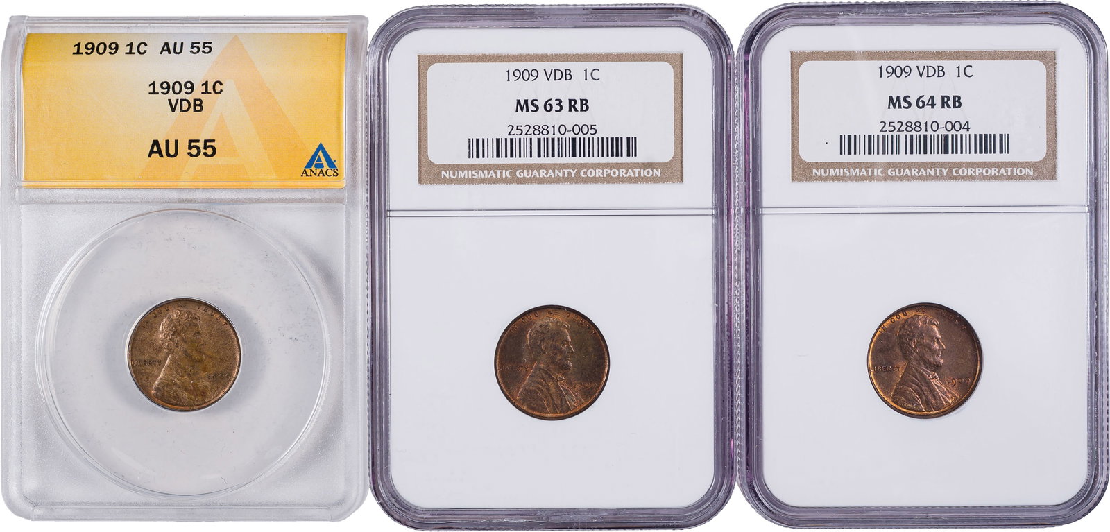 Three Certified 1909 V.D.B. Cents: Includes: NGC MS-64 RB; NGC MS-63 RB; and ANACS AU-55. Three '09 VDBs. (Total: 3 pieces)