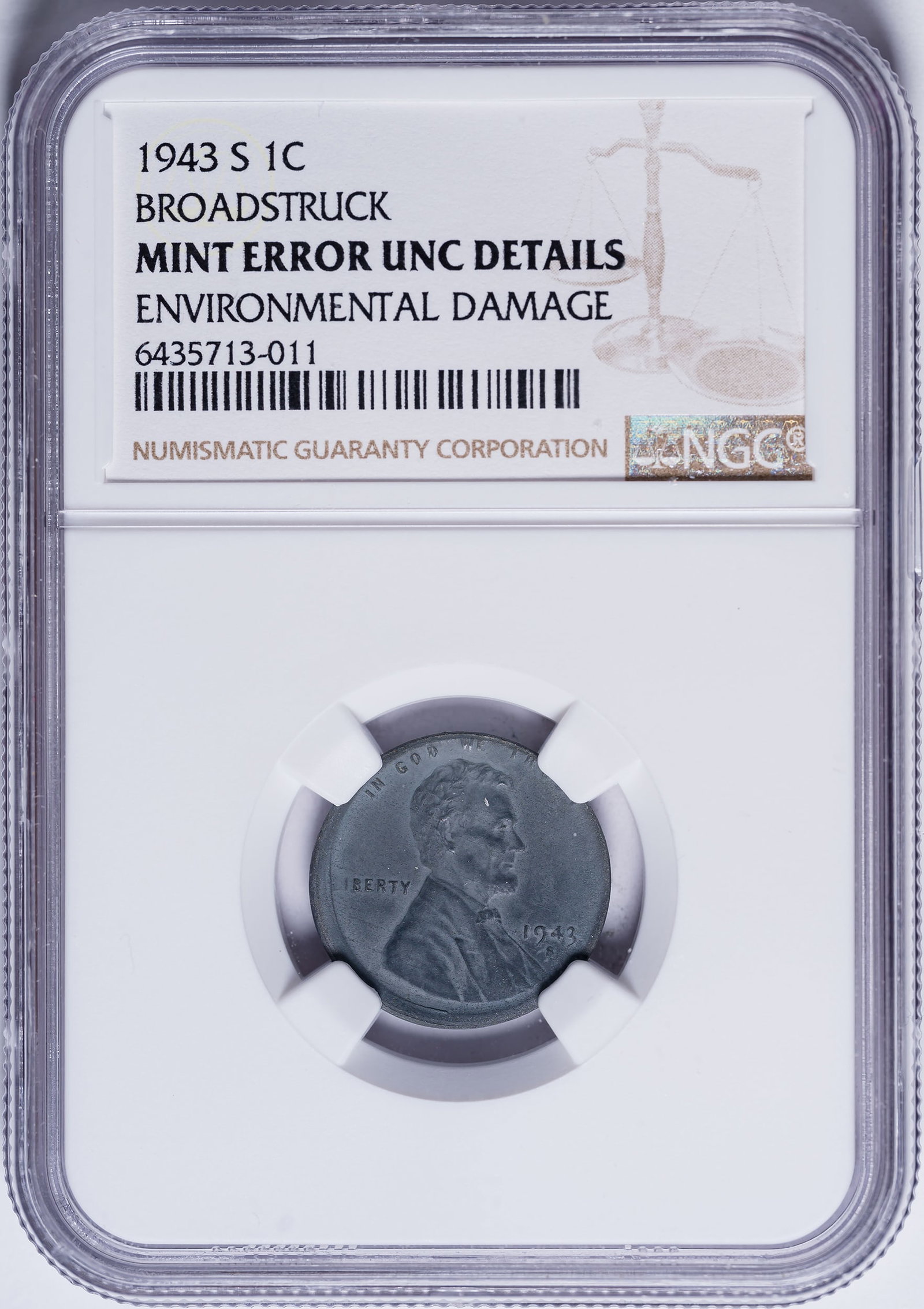NGC UNC Details 1943-S Broadstruck Lincoln Cent (1 of 2)