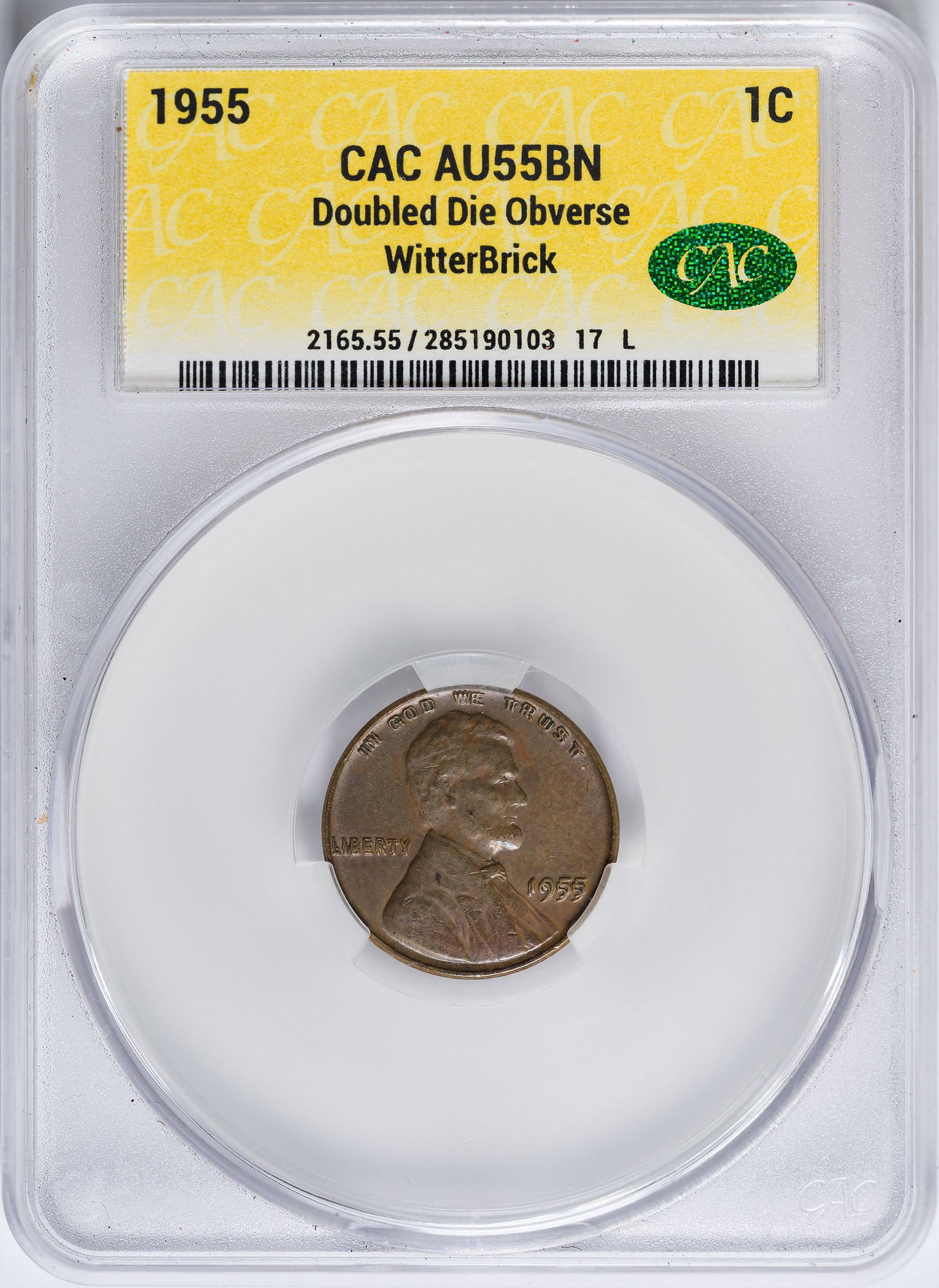 CACG AU-55 1955 Doubled Die Obverse Lincoln Cent: Medium golden-tan surfaces. An altogether pleasing example of America's favorite Doubled Die issue.