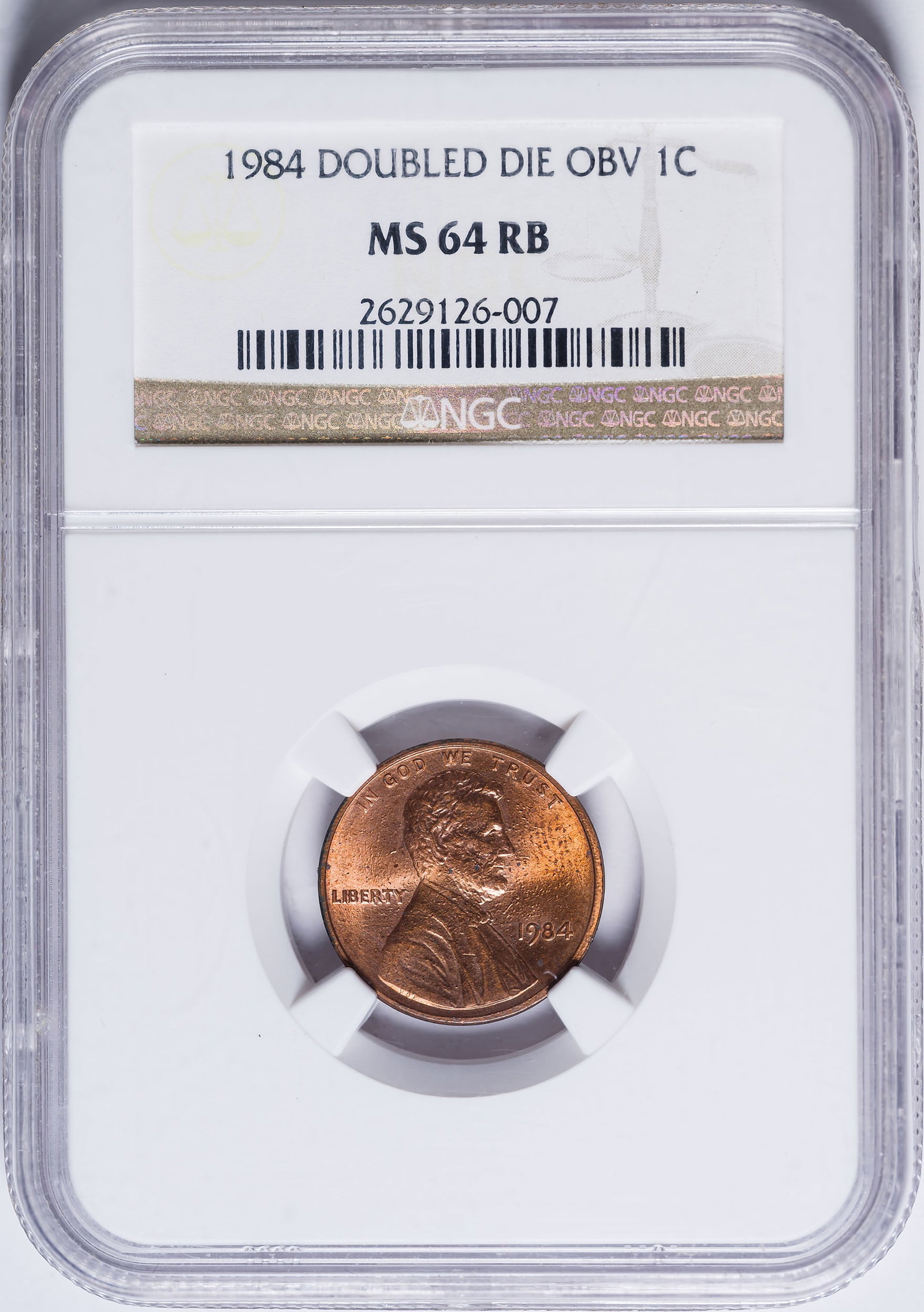 NGC MS-64 RB 1984 Doubled Die Obverse Cent: Bright and lustrous, surfaces somewhat "pebbly" under low magnification, caused, no doubt, by the layering process.