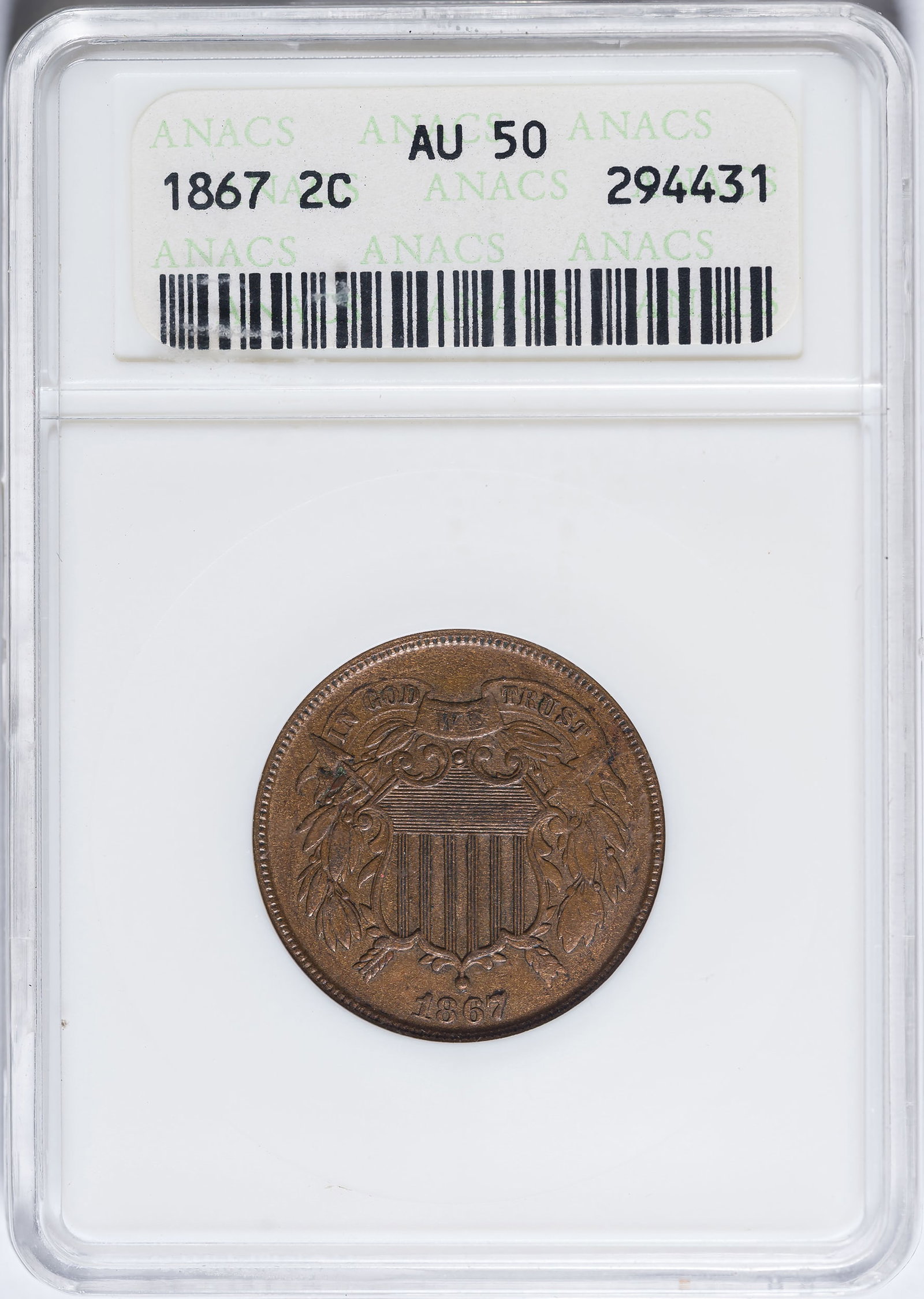 ANACS AU-50 1867 Two-Cents: Deep golden-tan surfaces. In an old-style "soapdish" ANACS holder.