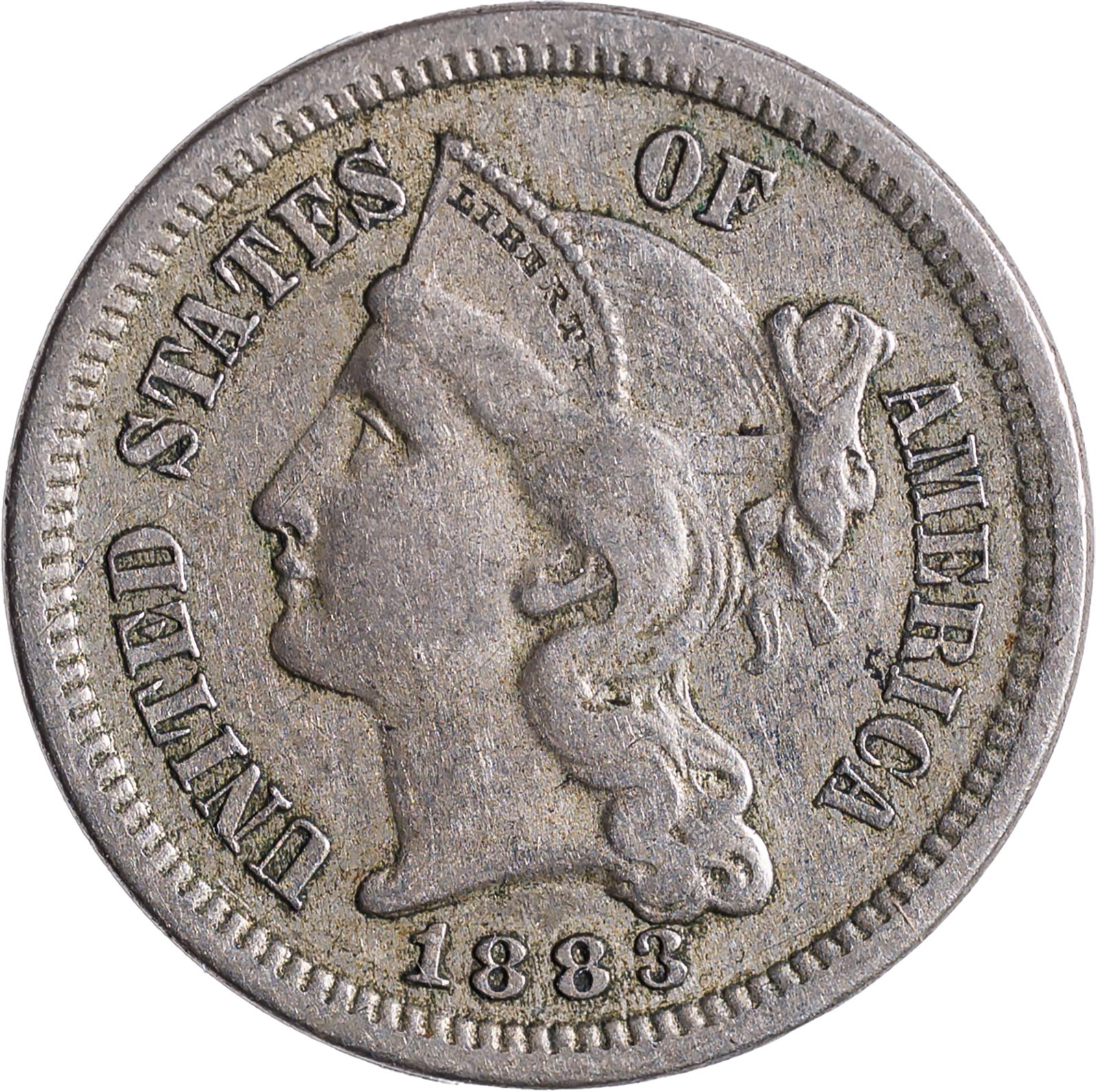 Scarce EF-40 1883 Three Cent Nickel: Nice and original. Just 4,000 were minted.