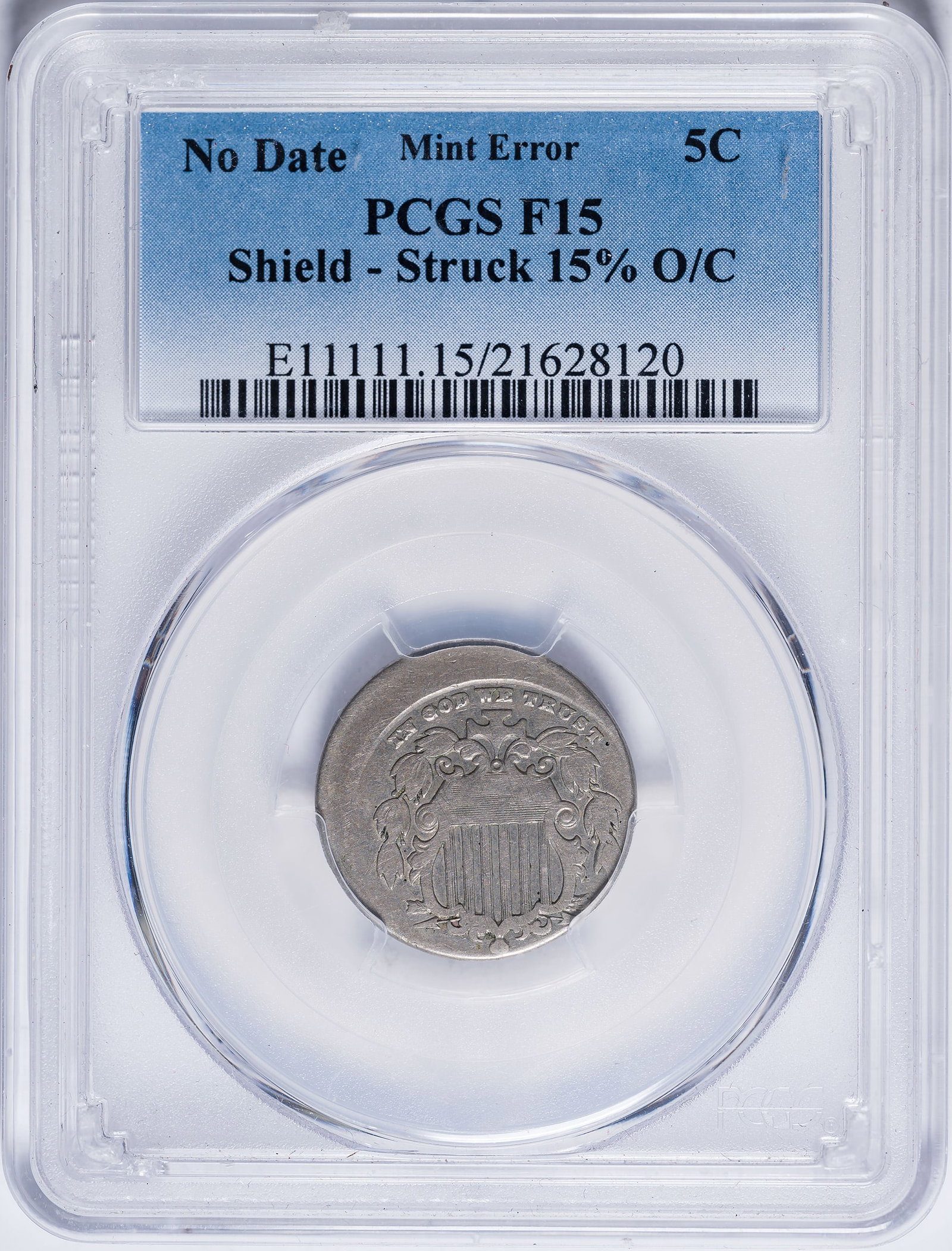 PCGS F-15 Shield Nickel Struck 15% Off Center: No Date. Very scarce.