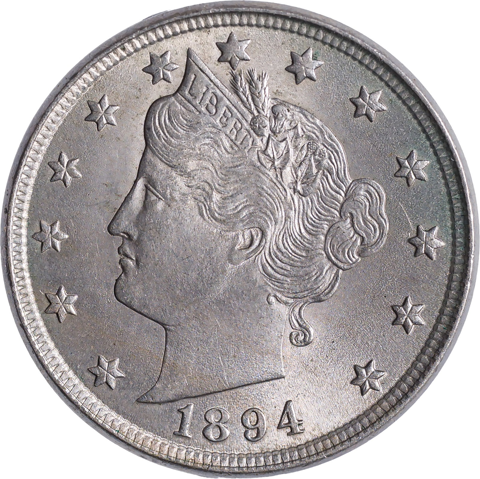 Choice MS-64 1894 Liberty Nickel: Bold cartwheel activity on satiny silver-gray surfaces.