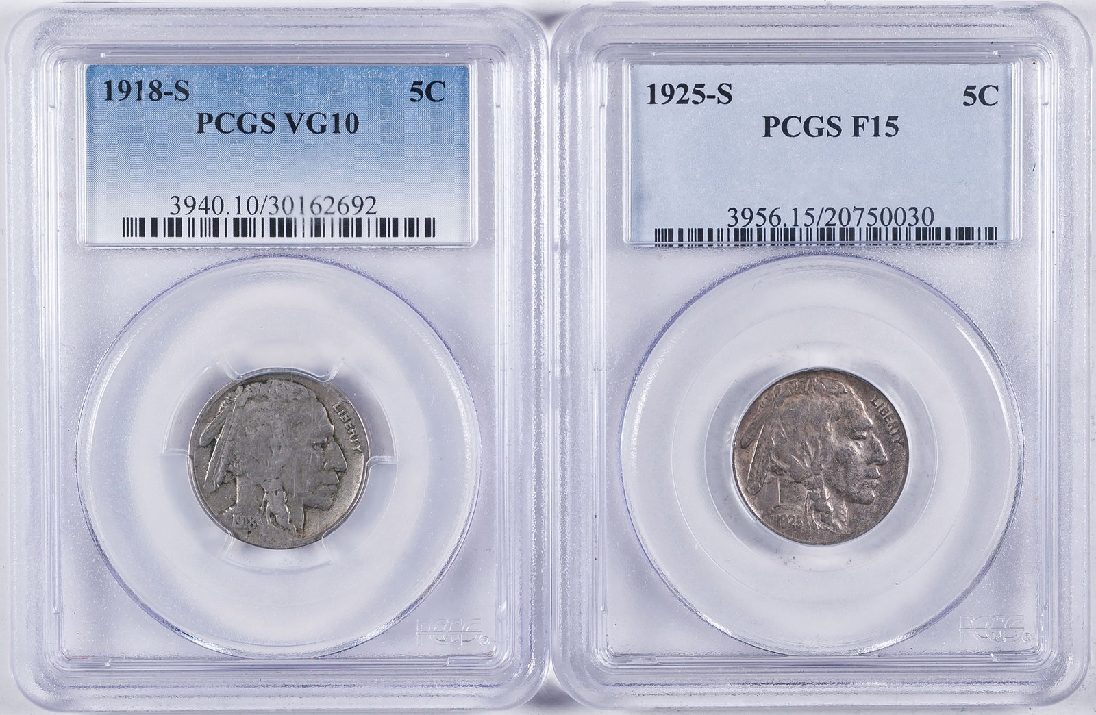 PCGS-Certified Buffalo Nickel Duo: Includes: 1918-S VG-10; and 1925-S Fine-15. (Total: 2 pieces)