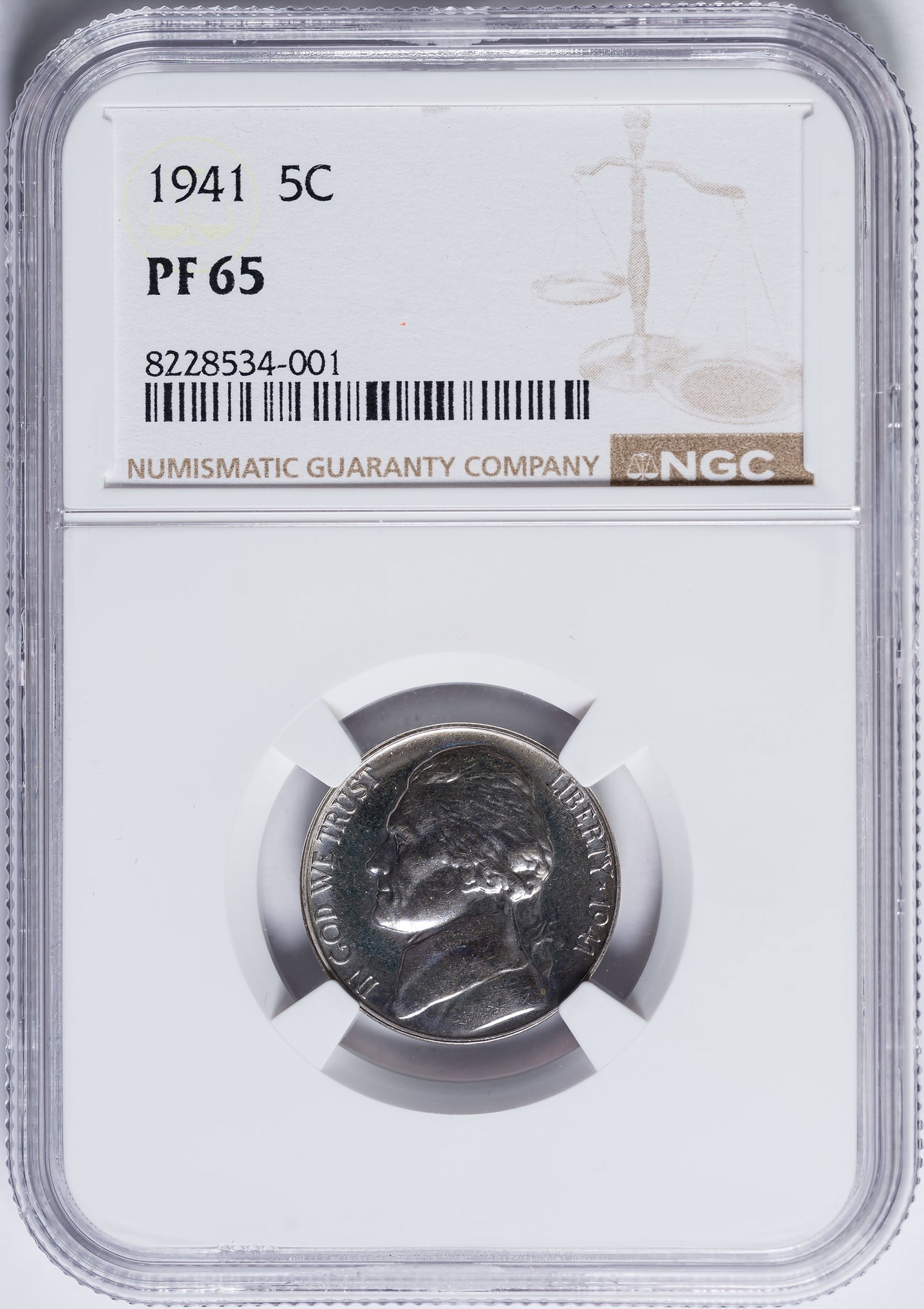 NGC Proof-65 1941 Jefferson Nickel: A bright and lustrous Gem. One of 18,720 Proofs of the date struck.