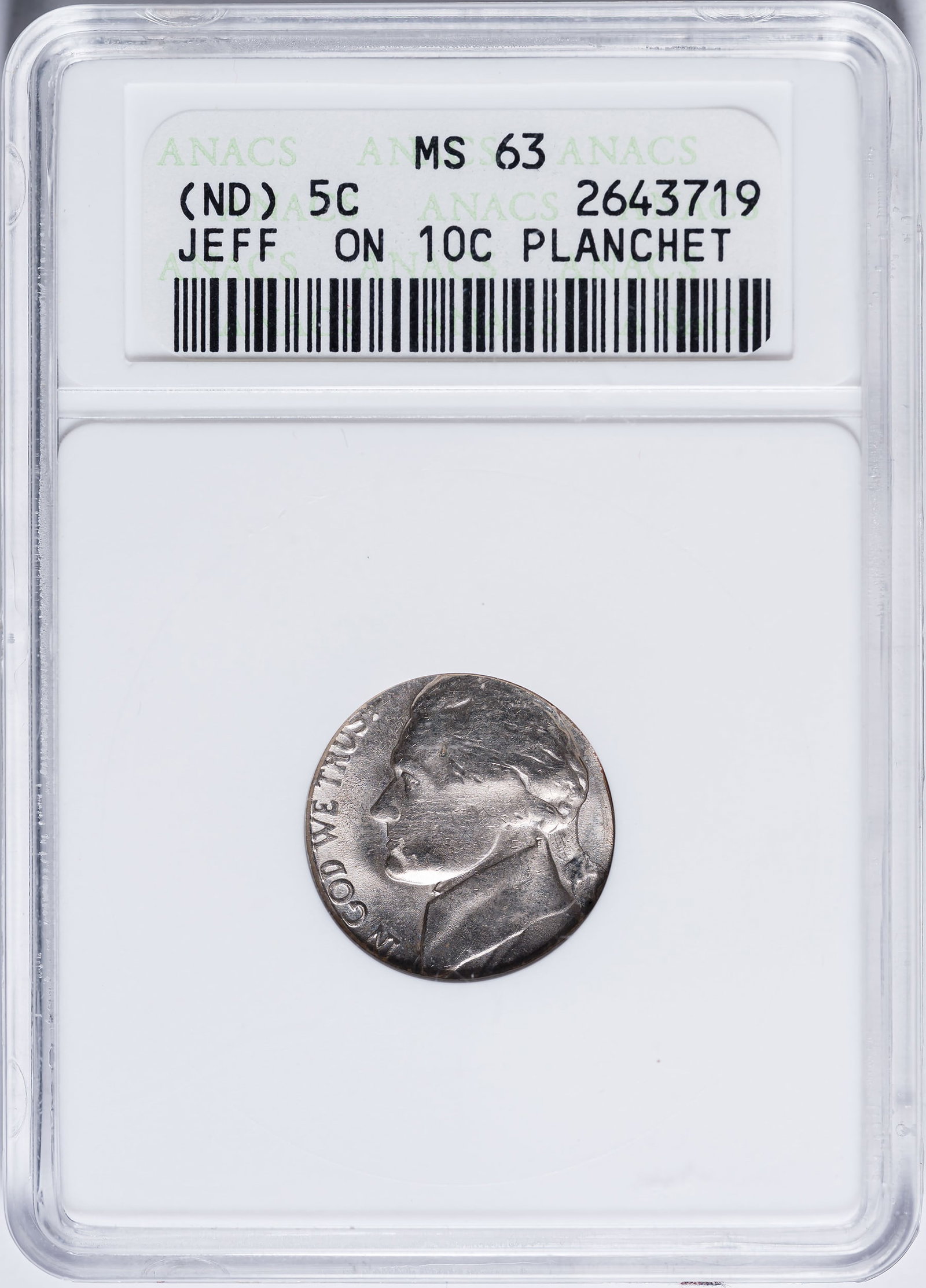 ANACS MS-63 Jefferson Nickel Struck On A Dime (1 of 2)