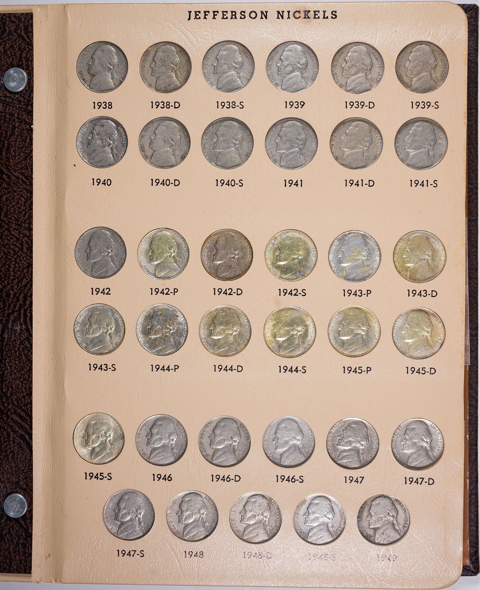 Unc and Proof Jefferson Nickel Set: 1938-2009. Average circulated to Gem Unc, with attendant Proofs. In a Dansco album.