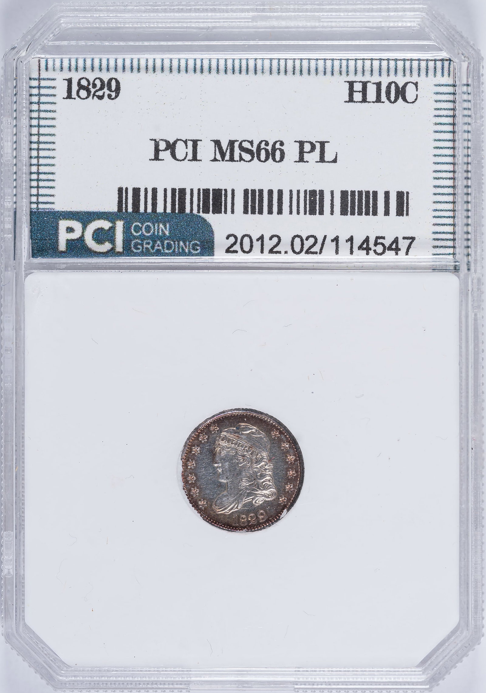 PCI MS-66 PL 1829 Bust Half Dime: We're more comfortable at the MS-60 or so grade. Bright and lustrous centers yield to rich and deep golden toning at the rims.