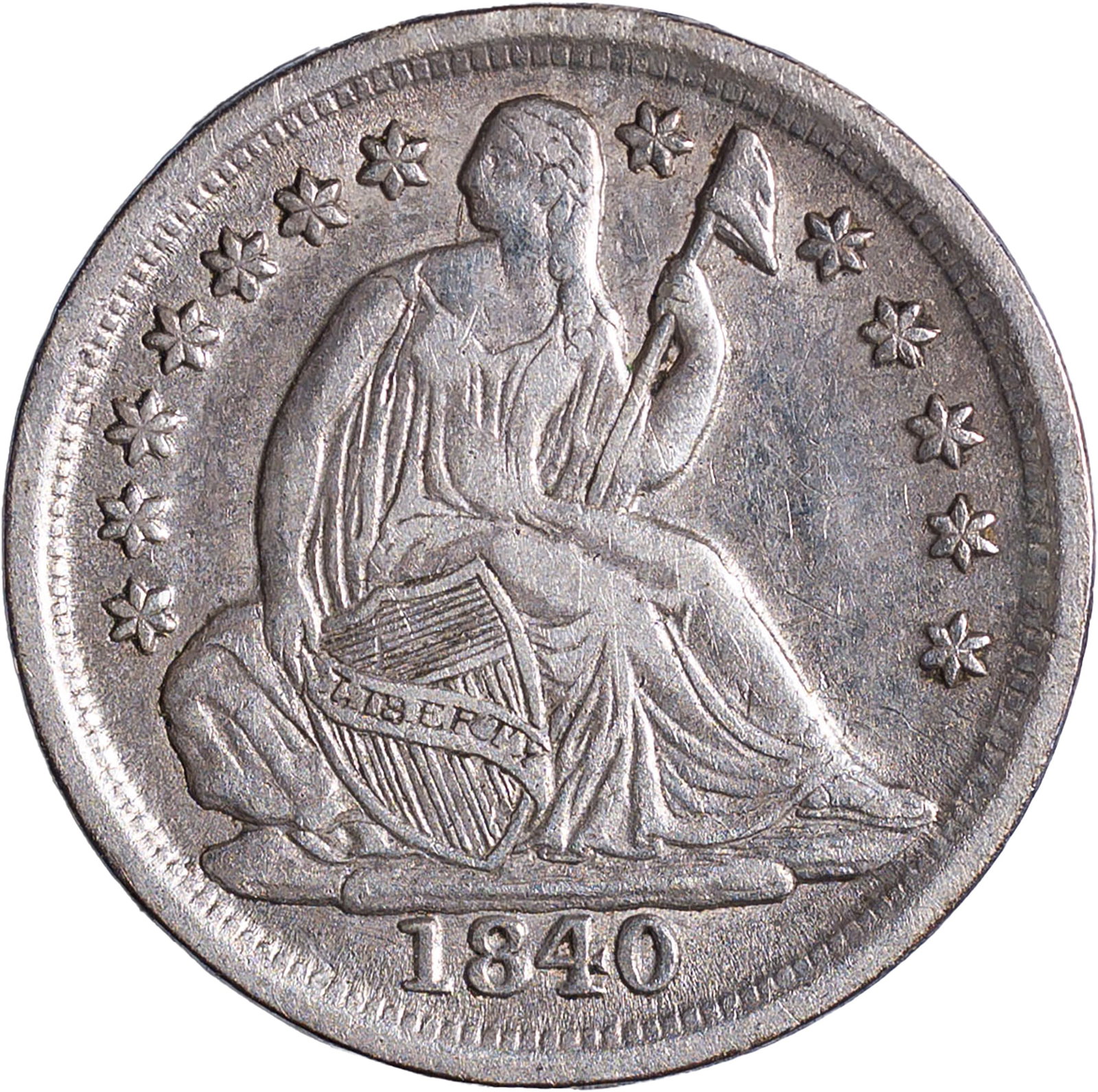 EF-40 1840-O No Drapery Seated Half Dime: A mostly light silver grey example with some mint luster retained. A couple of minor reverse scratches are noted.