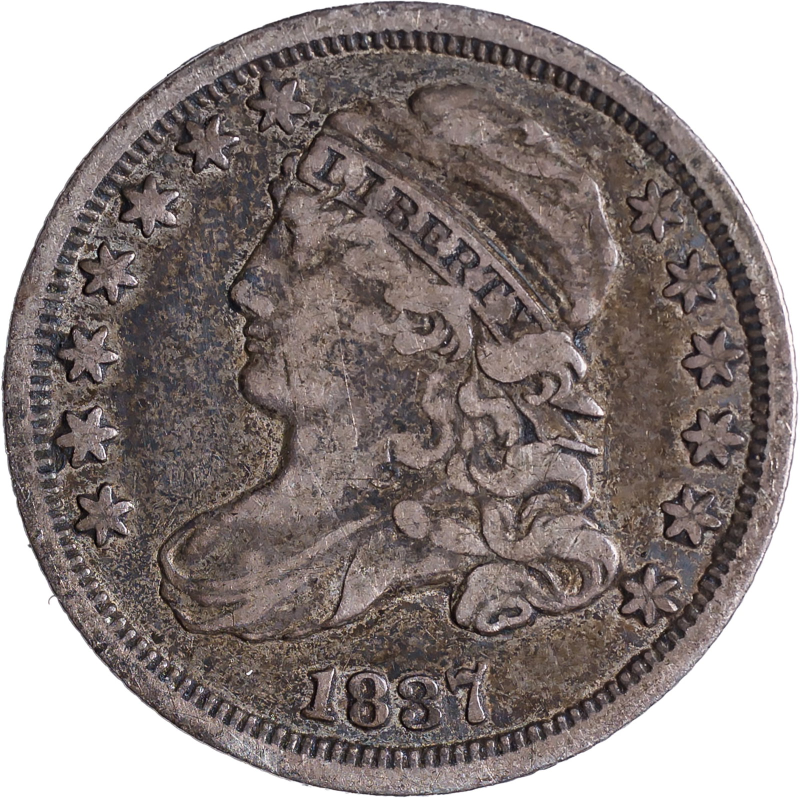 VF-20 1837 Capped Bust Dime: Strictly original golden-gray surfaces add to the attractive nature of this Capped Bust dime.