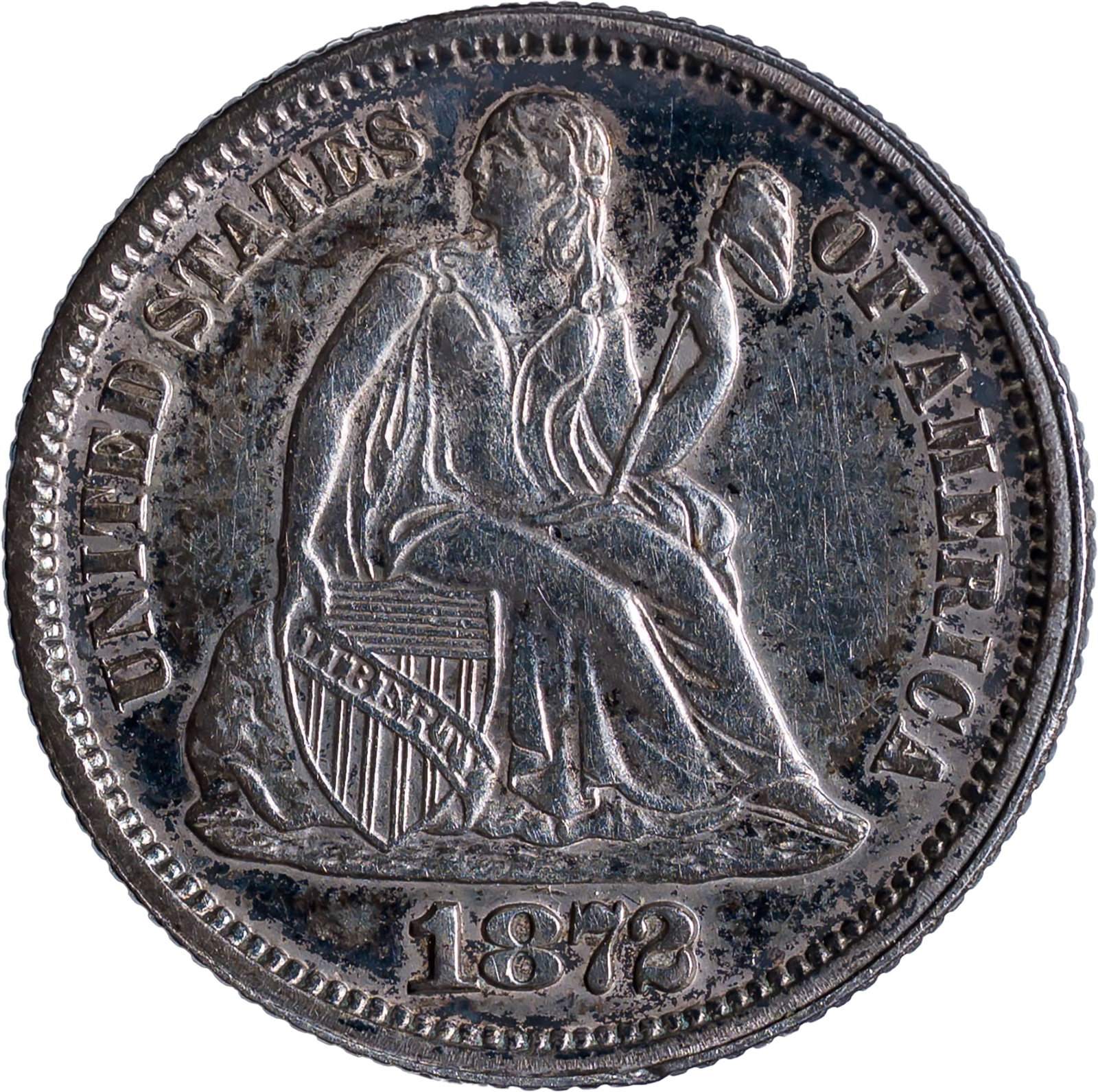 Choice AU Details 1872 Seated Dime: Cleaned long ago. Sharp and mark-free, with deepening toning at the rims.