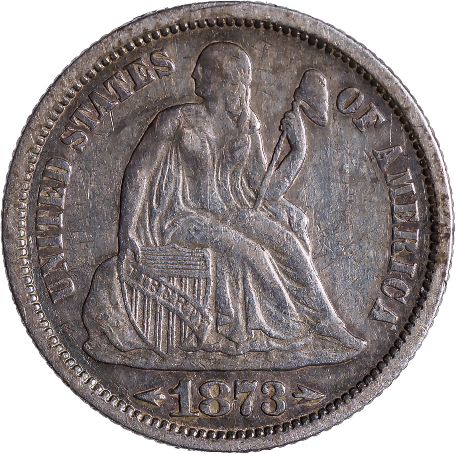 VF-35 1873 Arrows Seated Dime: Medium steel-gray with deep blue toning at the rims. Just a tiny bit off an EF-40 designation.