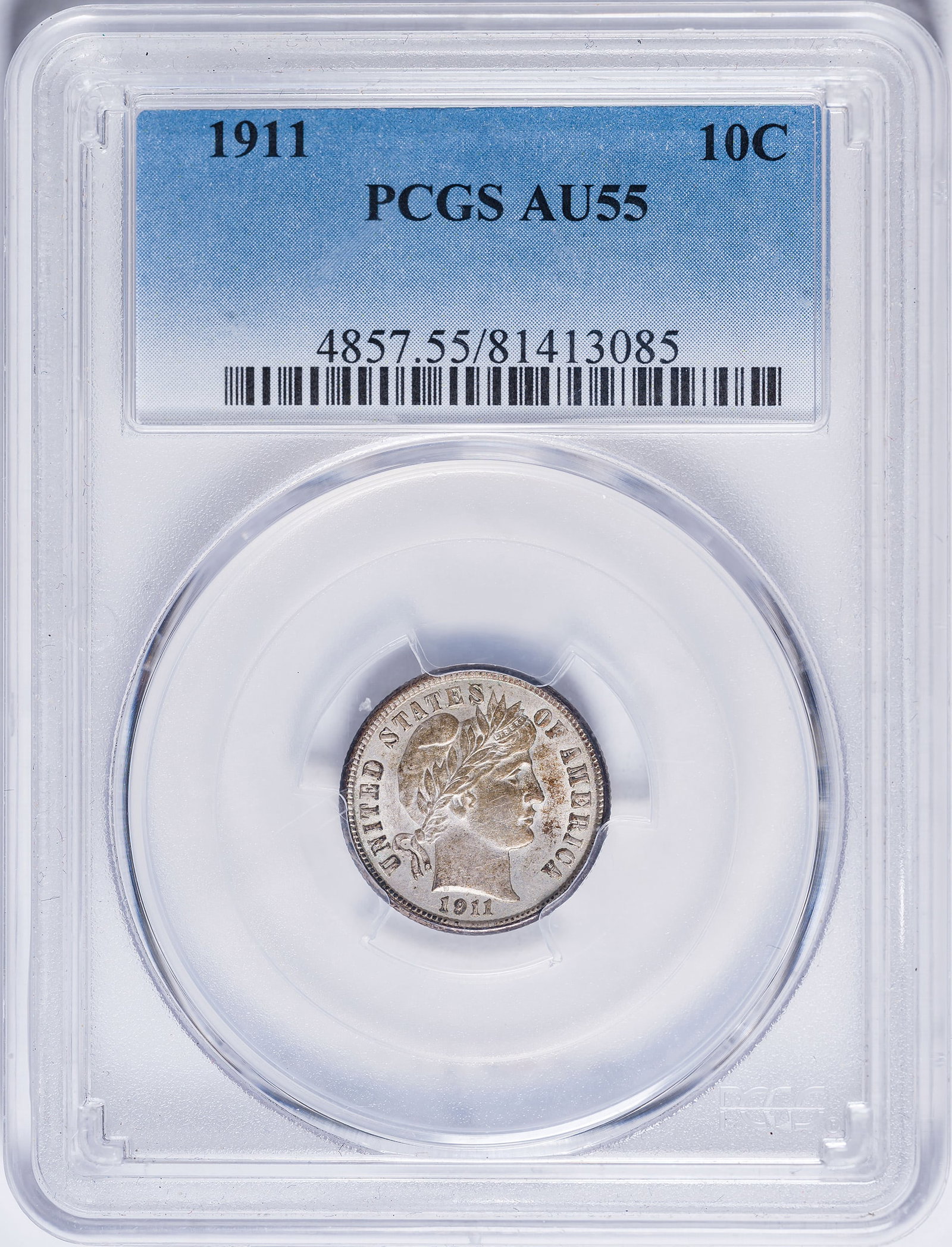PCGS AU-55 1911 Barber Dime: Lustrous silver-gray surfaces with distinctive olive toning highlights