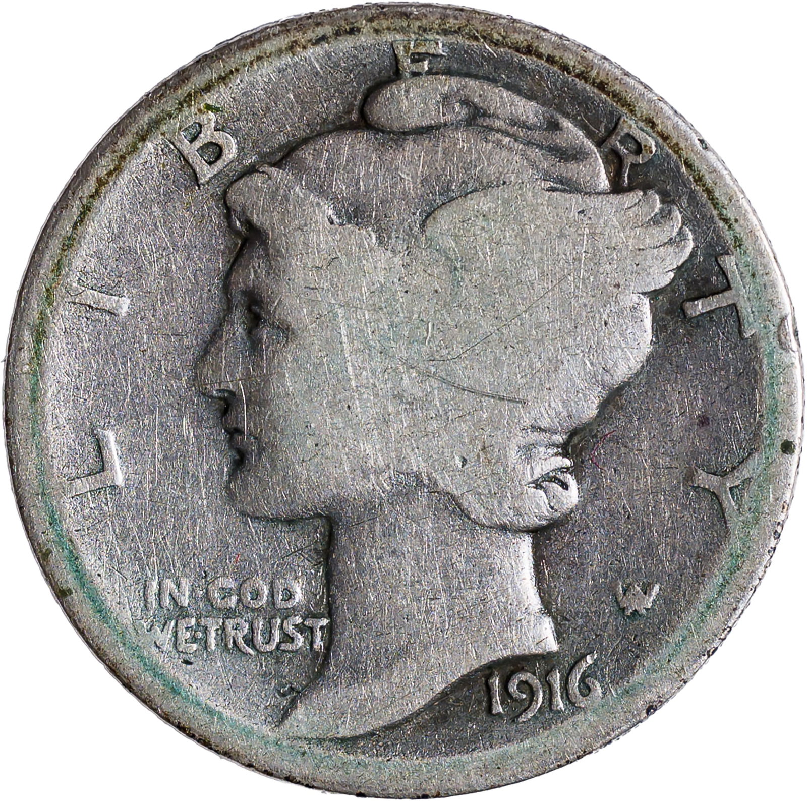 AG to Good 1916-D Mercury Dime: Evenly worn but not notably marked, and a highly collectible example of the key date in the series.