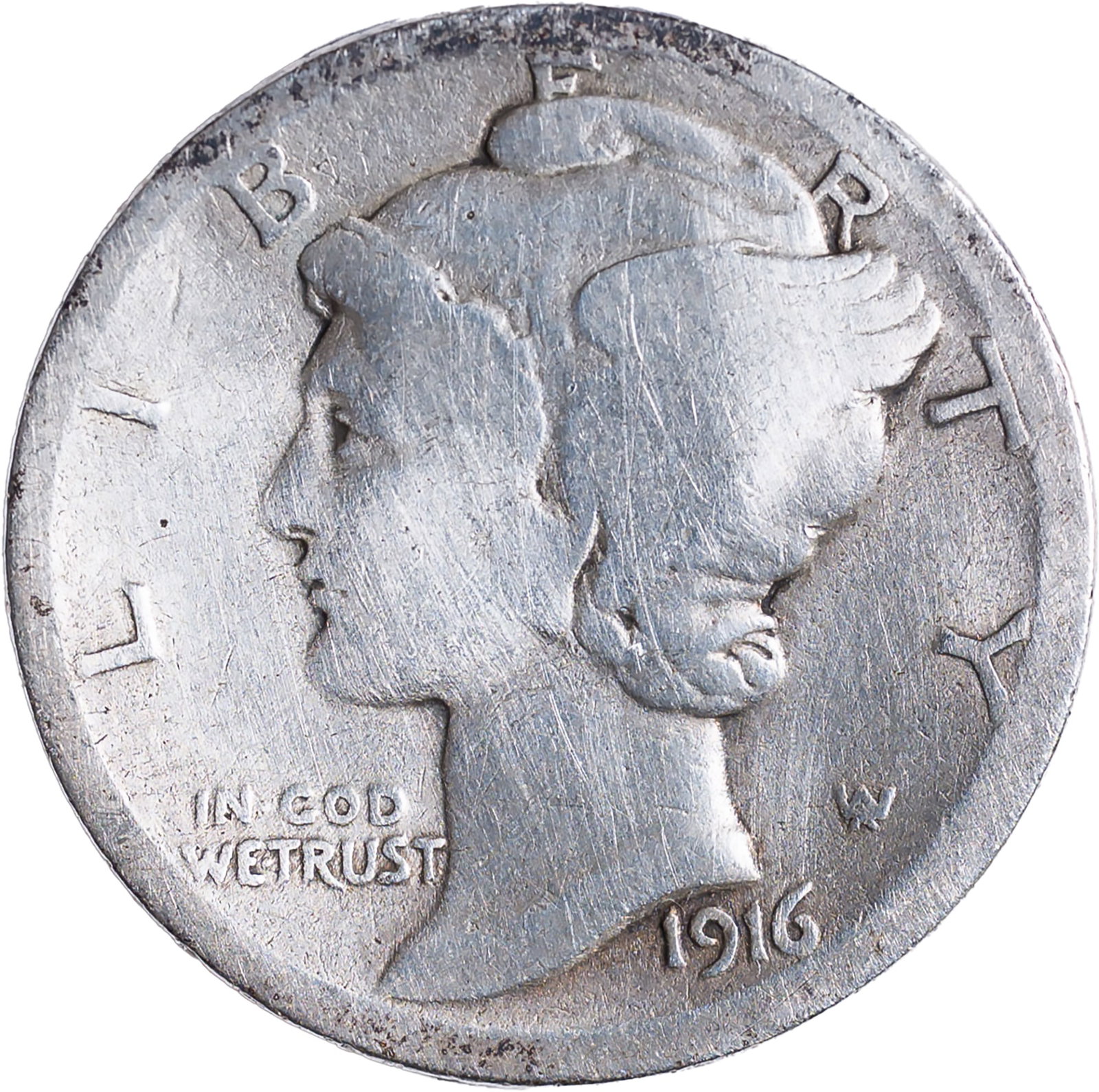 G-4 Details 1916-D Mercury Dime: Cleaned long ago. The lettering is full all the way around on both sides.