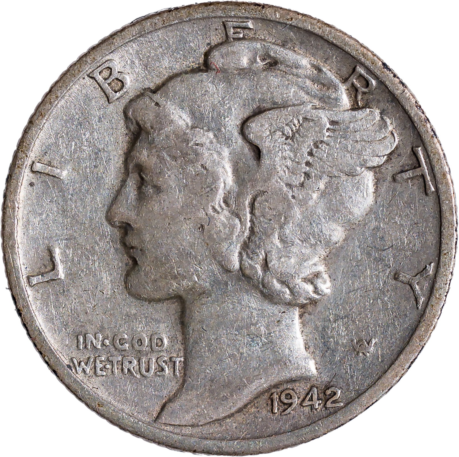 VF-35 1942/1-D Mercury Dime: Steel-gray with a touch of retained luster here and there. Discovered many years after the initial discovery of the 1942/1 Philadelphia issue.