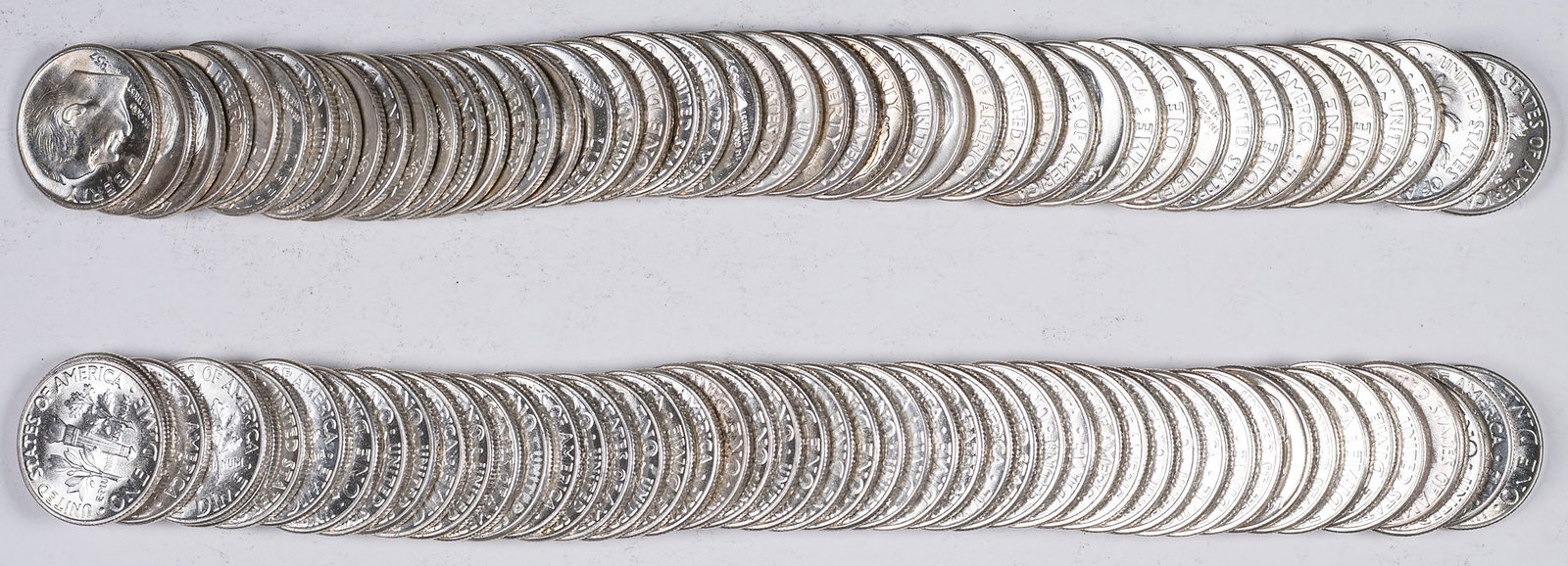UNC 1957-P & D Roosevelt Dime Roll Duo: Both are original rolls in choice to gem condition. (Total: 2 pieces)