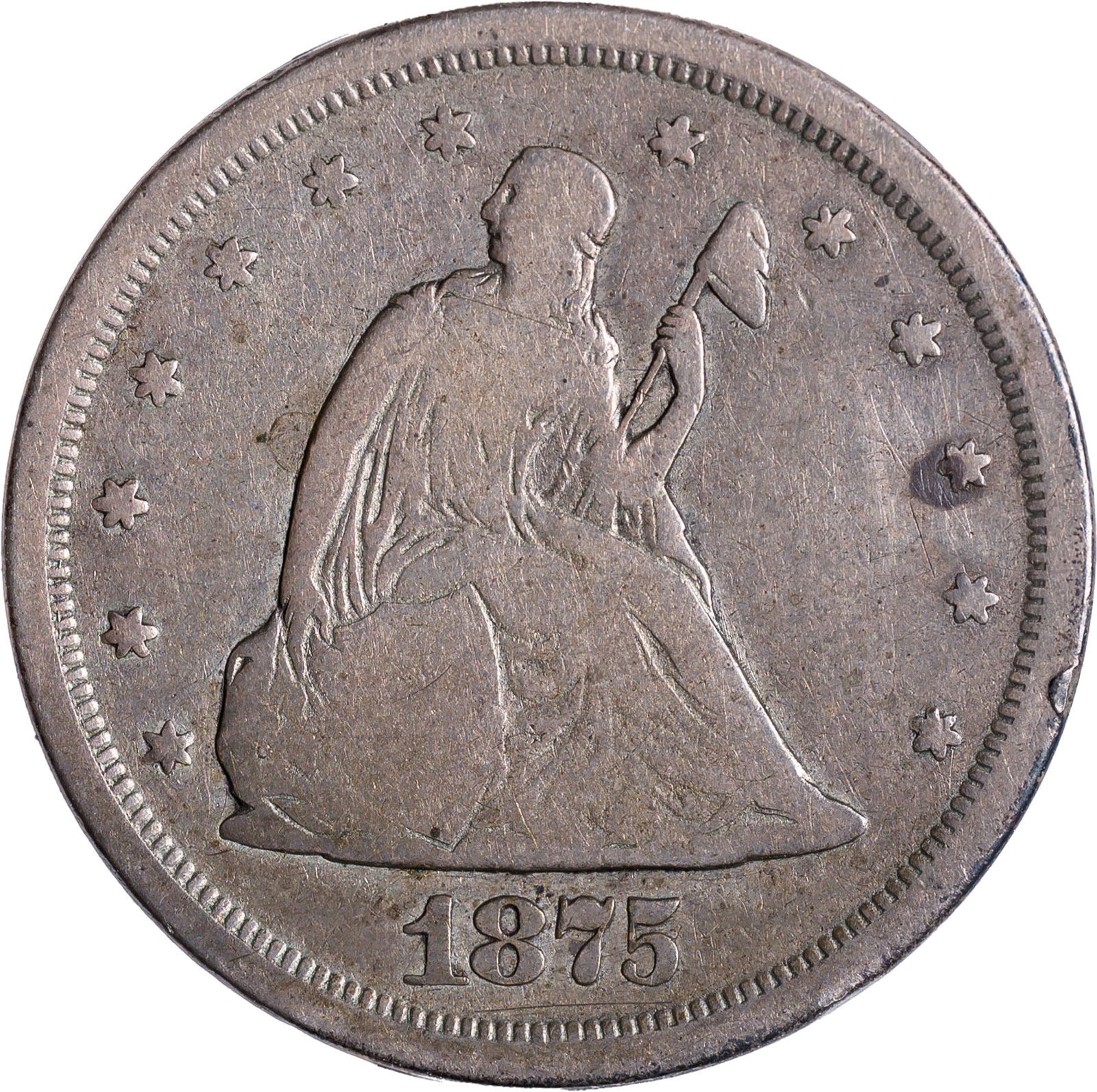VG-8 1875-S Twenty-Cents: Rose-gray with some deeper highlights on the reverse.