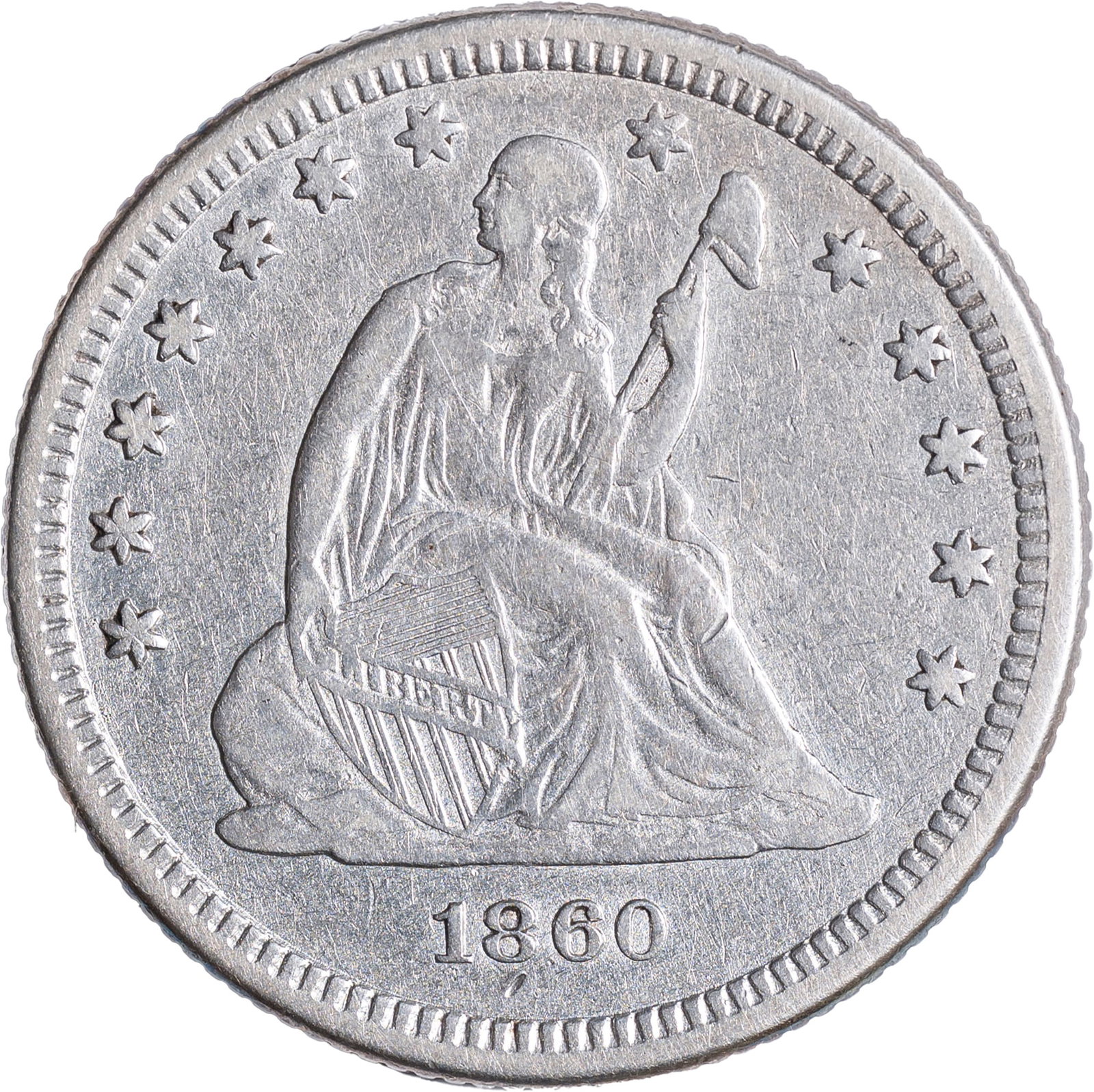 EF-40 1860 Seated Quarter: Perhaps lightly cleaned long ago.