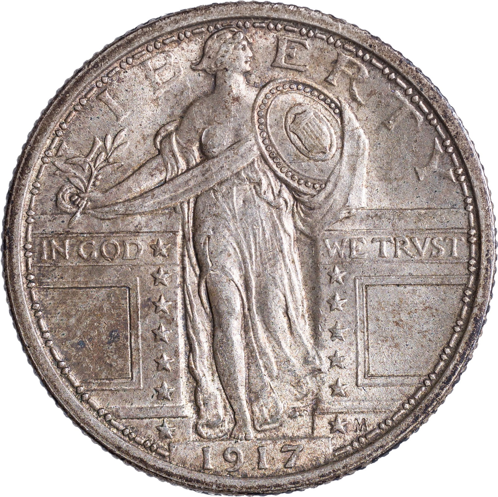 BU-60+ FH 1917 TI Standing Liberty Quarter: Sharp, lustrous and original.