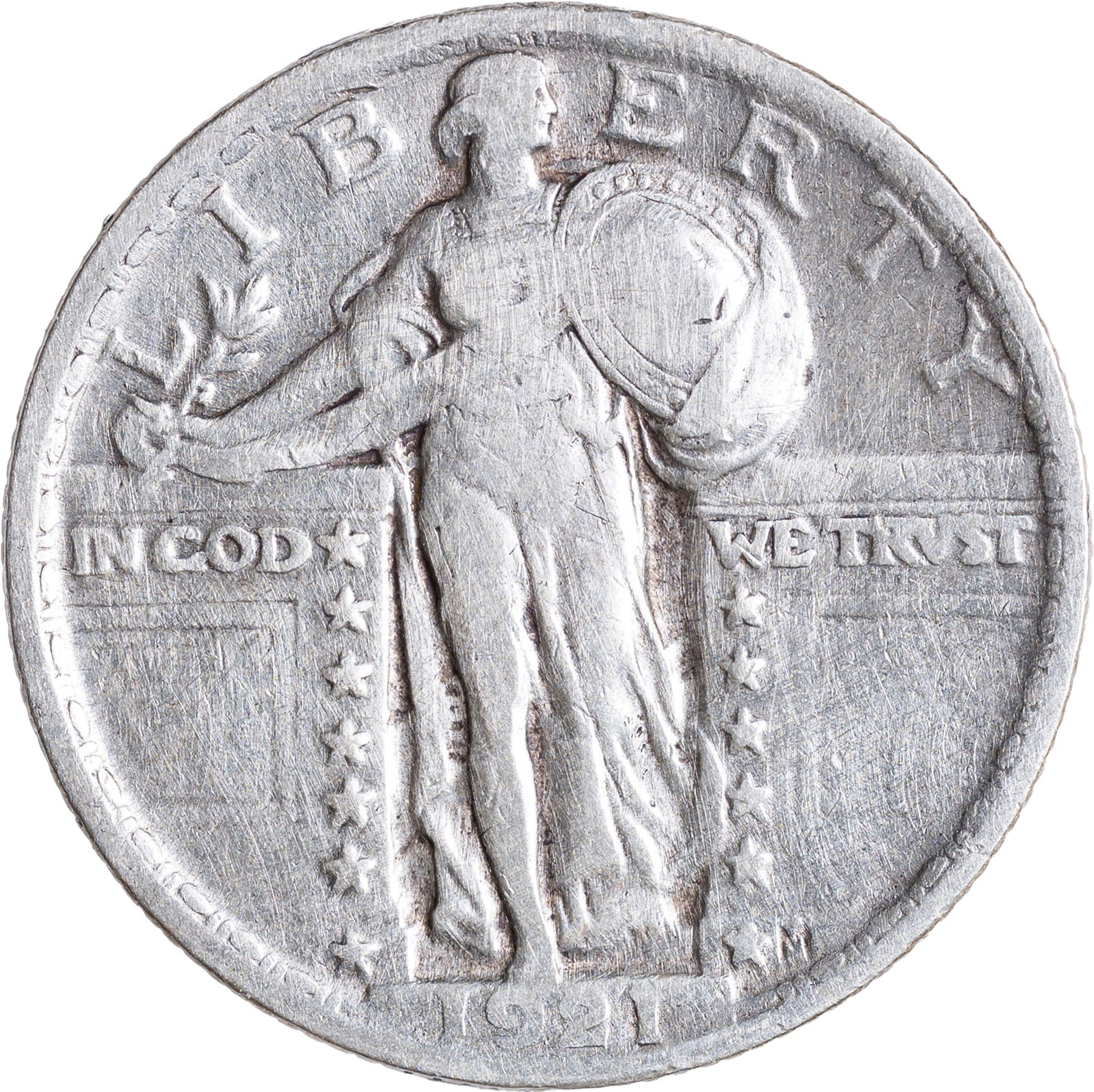 VF Details 1921 Standing Liberty Quarter: Shows hairlined surfaces from a past cleaning.