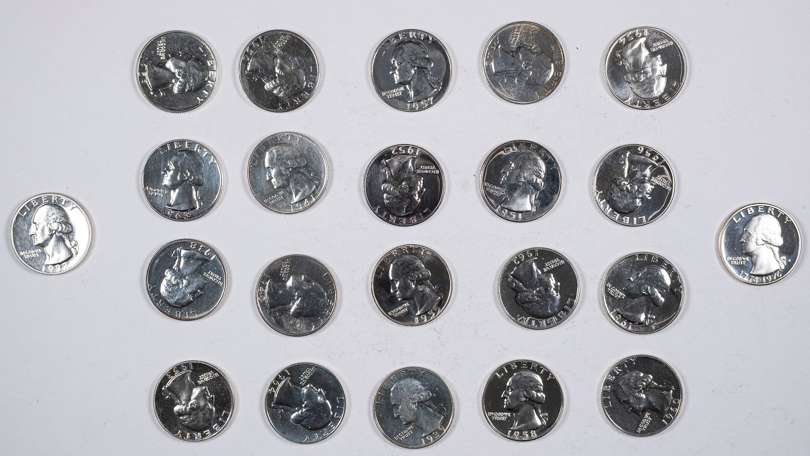 Proof Washington Quarter Selection: Choice to Gem quality across the board. Includes: 1937; 1938; 1939; 1940; 1941; 1942; 1950; 1951; 1952; 1953; 1954; 1955; 1956; 1957; 1958; 1959; 1960; 1961; 1962; 1963; 1964; and 1776-11976 40%