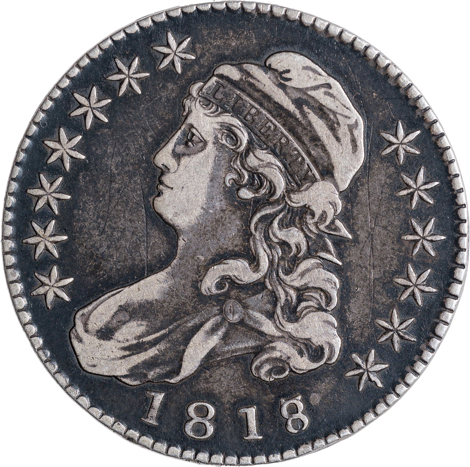 VF-20 1818/7 Bust Half Dollar: Large 8. Original with some ancient light obverse scratches.