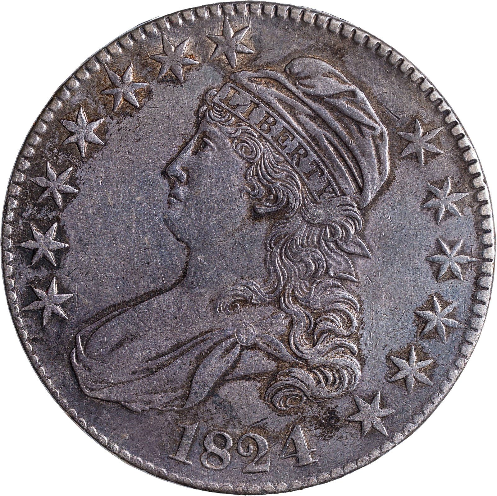 AU-50 Details 1824/4 Bust Half Dollar: Cleaned long ago, now recovered with an appealing tone.