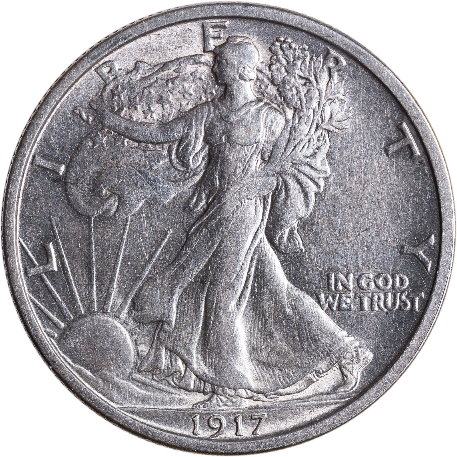 AU-50+ 1917 Walking Liberty Half Dollar: Lustrous and perhaps very lightly cleaned long ago.