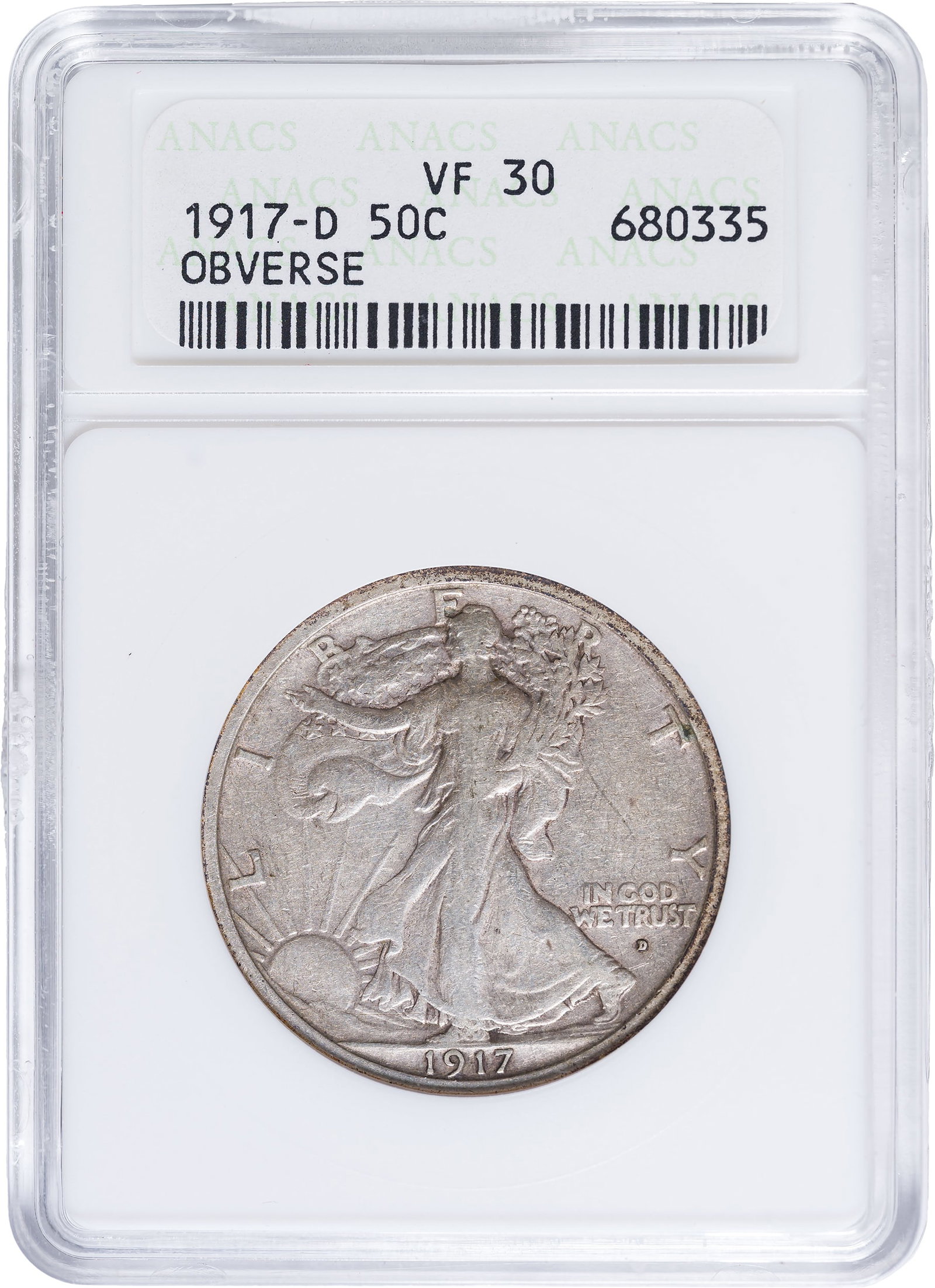 ANACS VF-30 1917-D Obv. Walking Liberty Half Dollar: A nice original example. Housed in an early ANACS holder.
