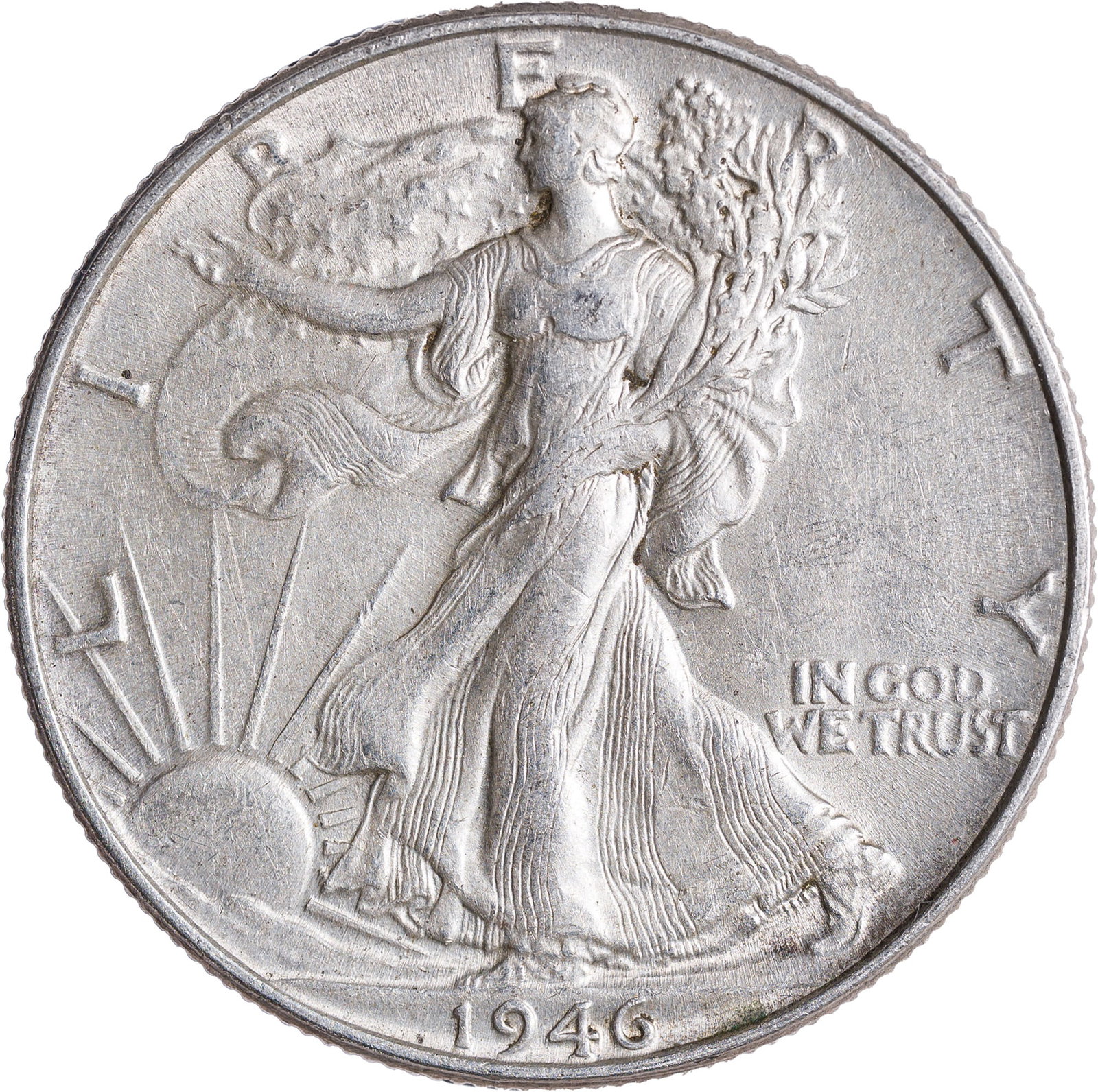 AU-50 Details 1946 Walking Liberty Half Dollar: Doubled Die Reverse. Doubling plainest at LURIBUS. Lightly cleaned at some point.