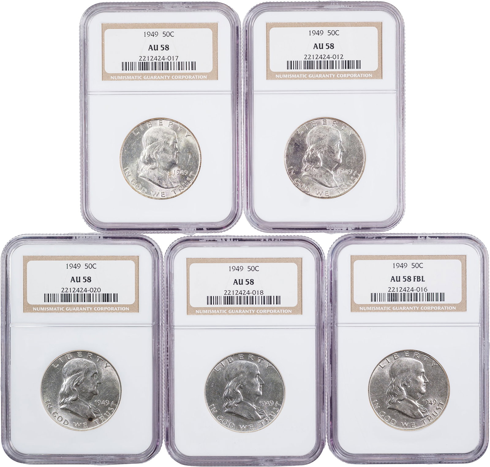 Five 1949 NGC-Certified Half Dollars: Includes: AU-58 FBL; AU-58 (4). (Total: 5 pieces)