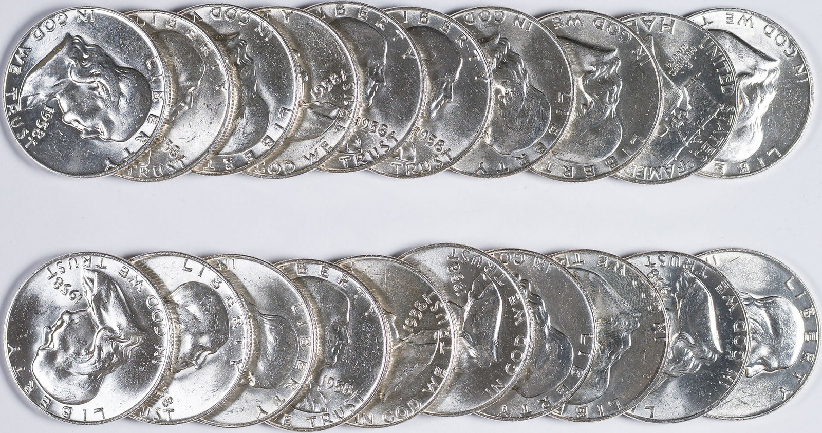 Original BU 1958-D Franklin Half Roll: A brilliant BU to Choice BU roll