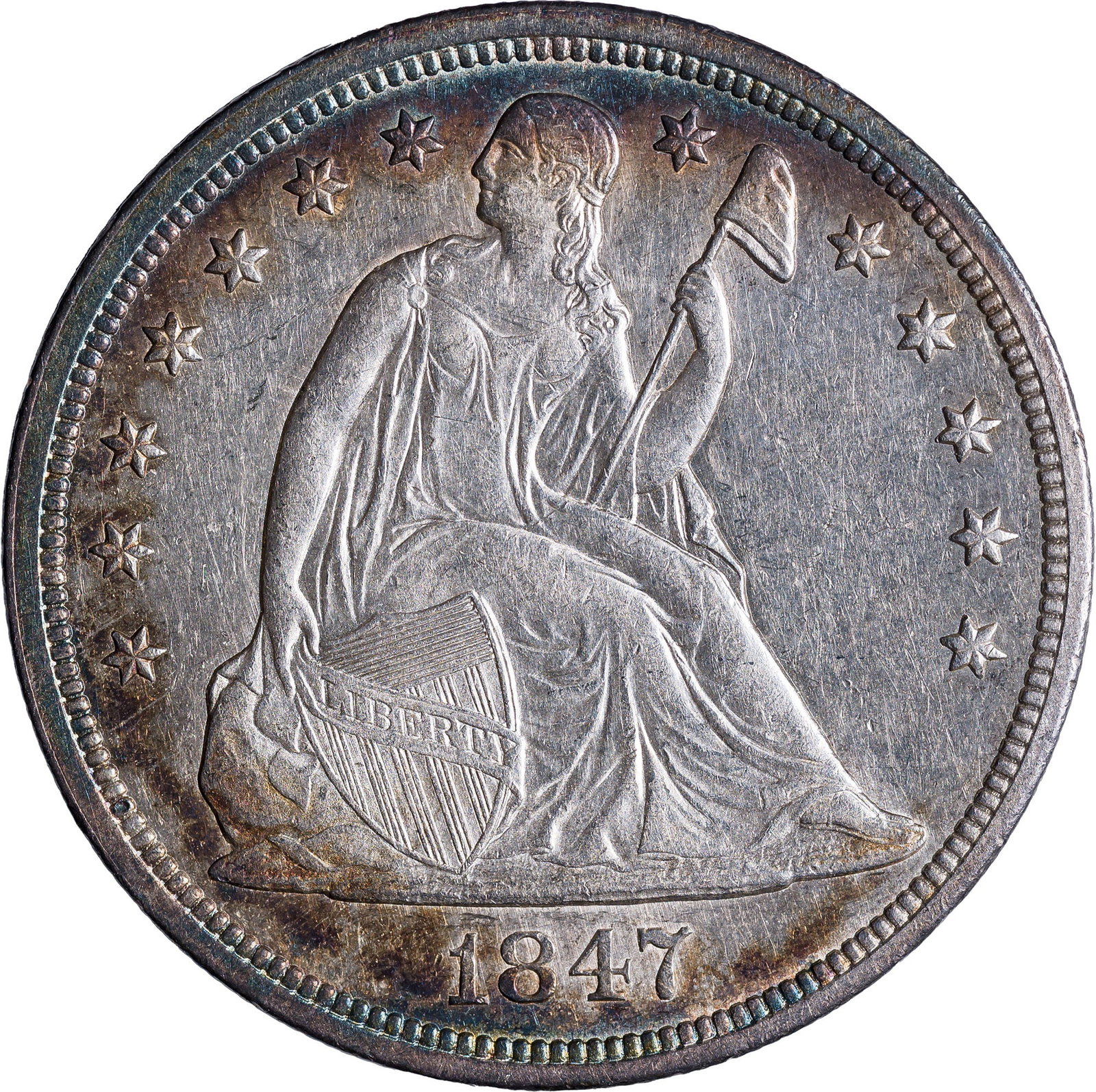 Choice AU Toned 1847 Seated Dollar (1 of 2)